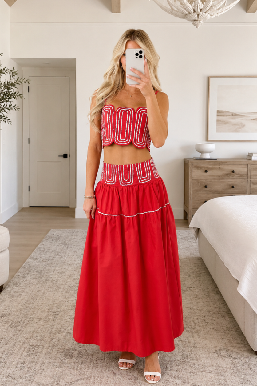 Lipstick Cotton Silver Contrast Top and Skirt Set