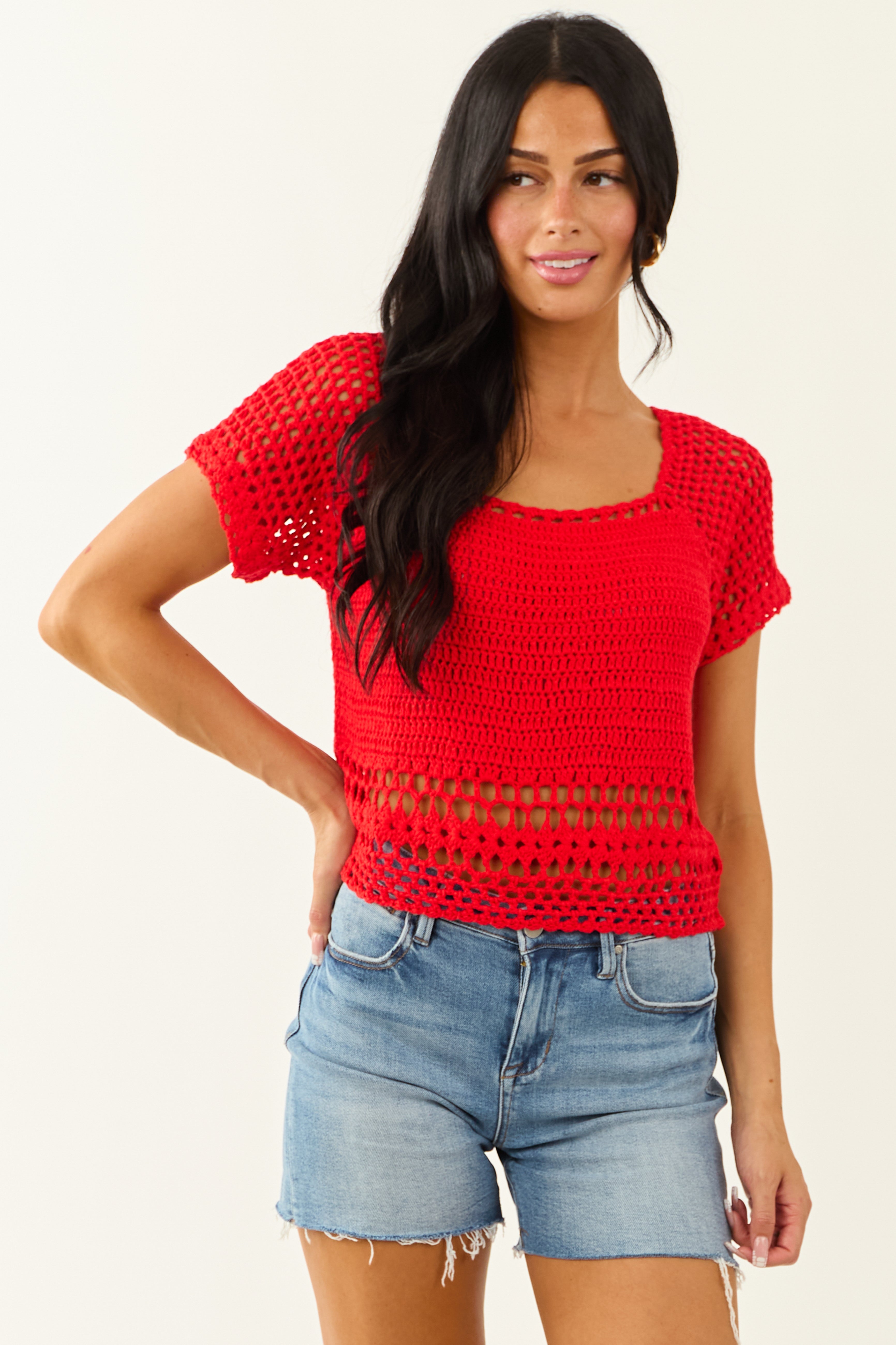 Lipstick Crochet Knit Short Sleeve Crop Top | Lime Lush Boutique