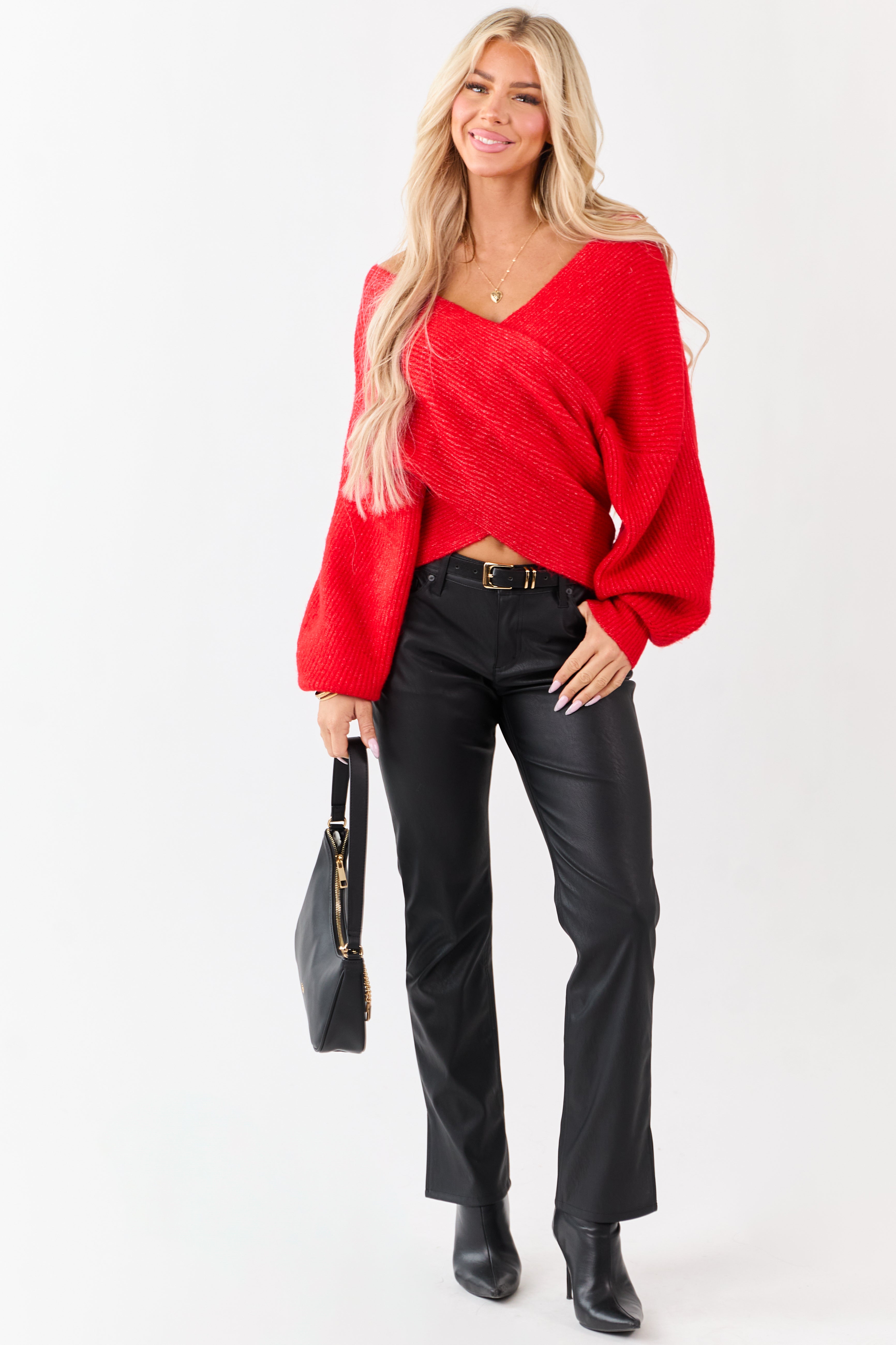 Lipstick Crossover V Neck Puff Sleeve Sweater