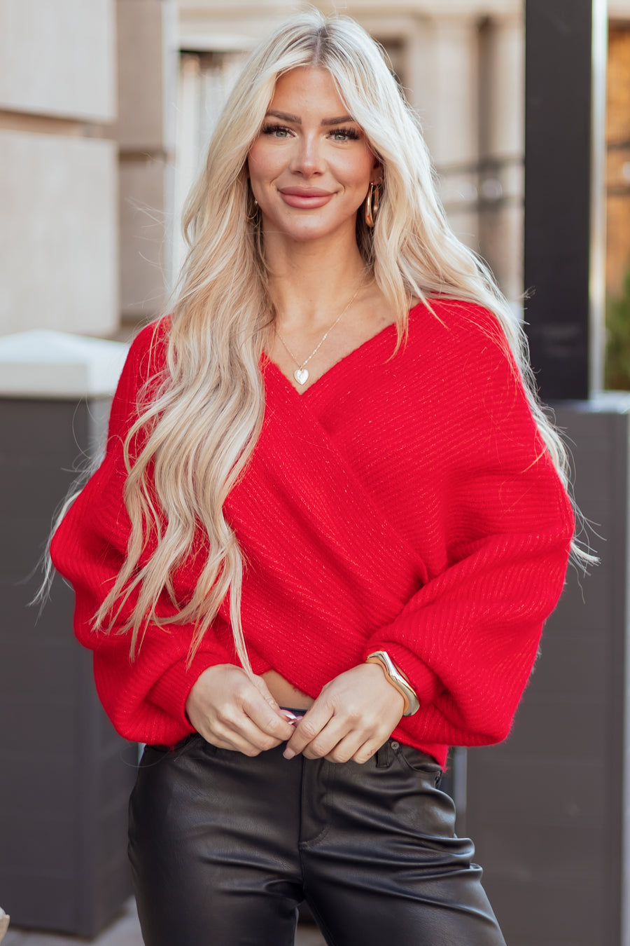 Lipstick Crossover V Neck Puff Sleeve Sweater