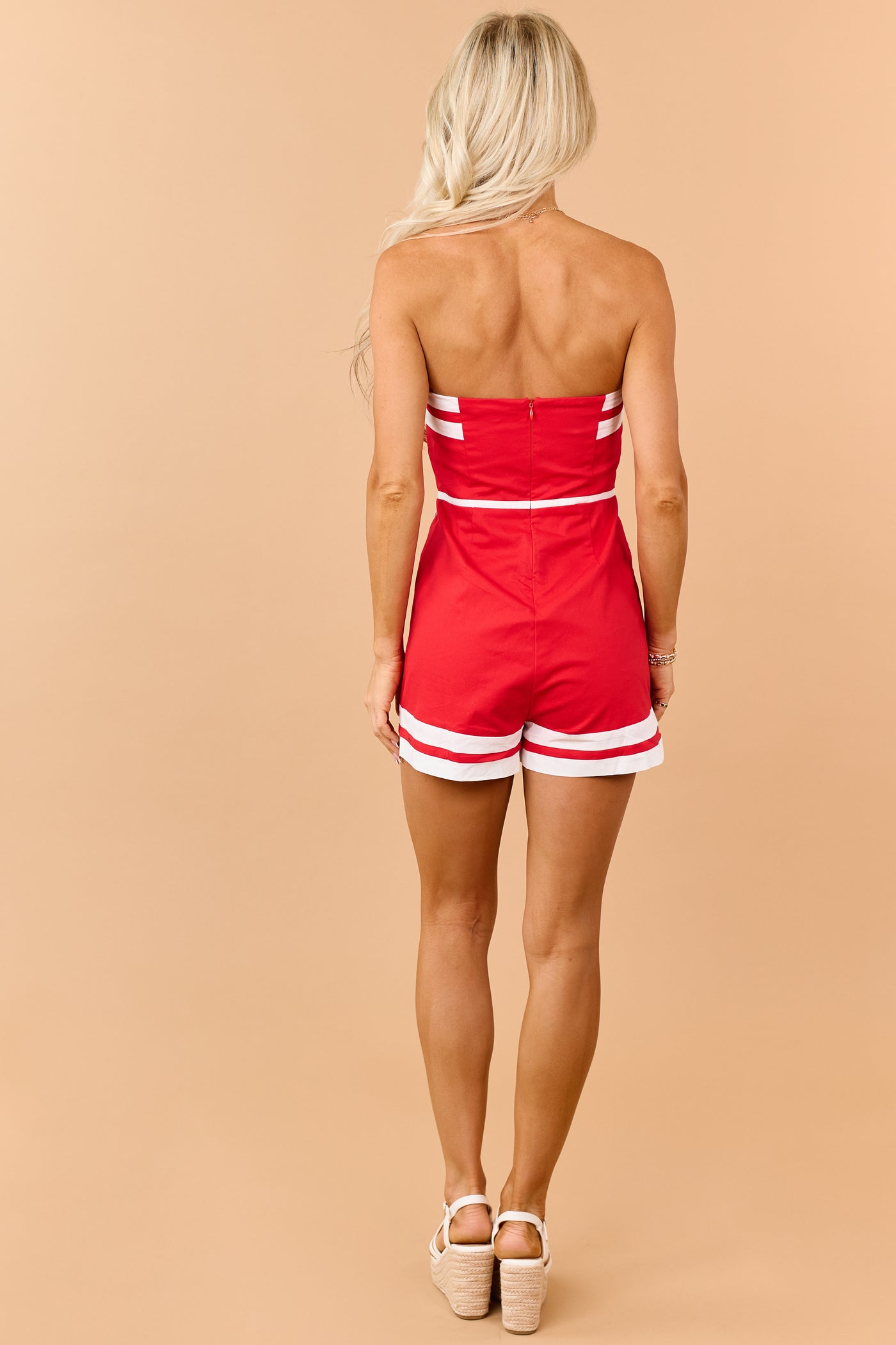 Lipstick Denim Contrast Trim Strapless Romper