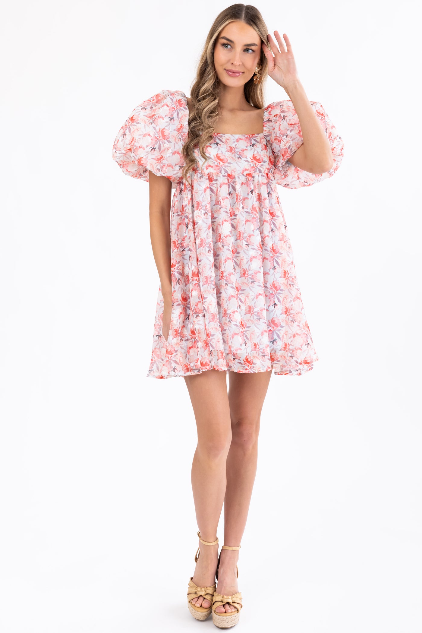 Lipstick Floral Print Puff Sleeve Mini Dress