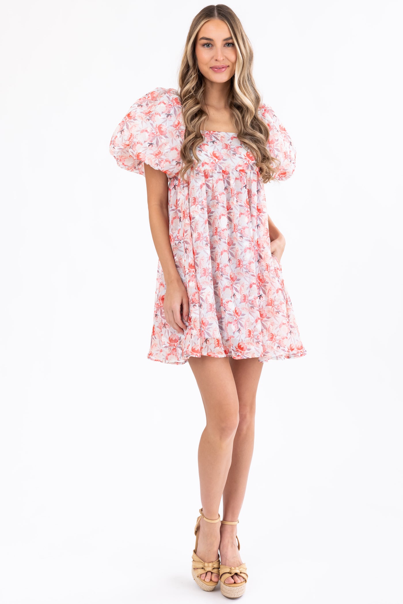 Lipstick Floral Print Puff Sleeve Mini Dress