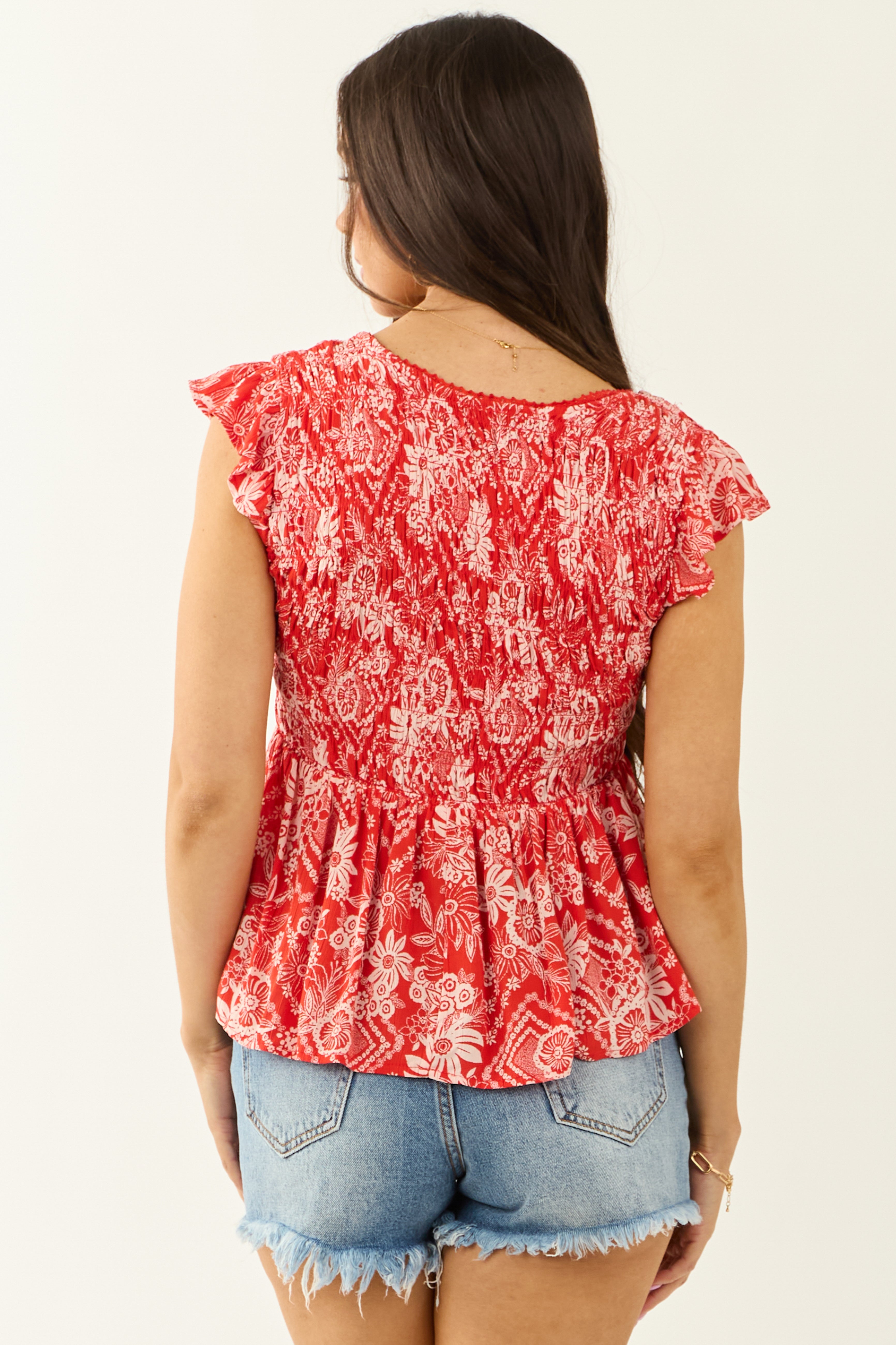 Lipstick Floral Print Smocked Short Sleeve Top