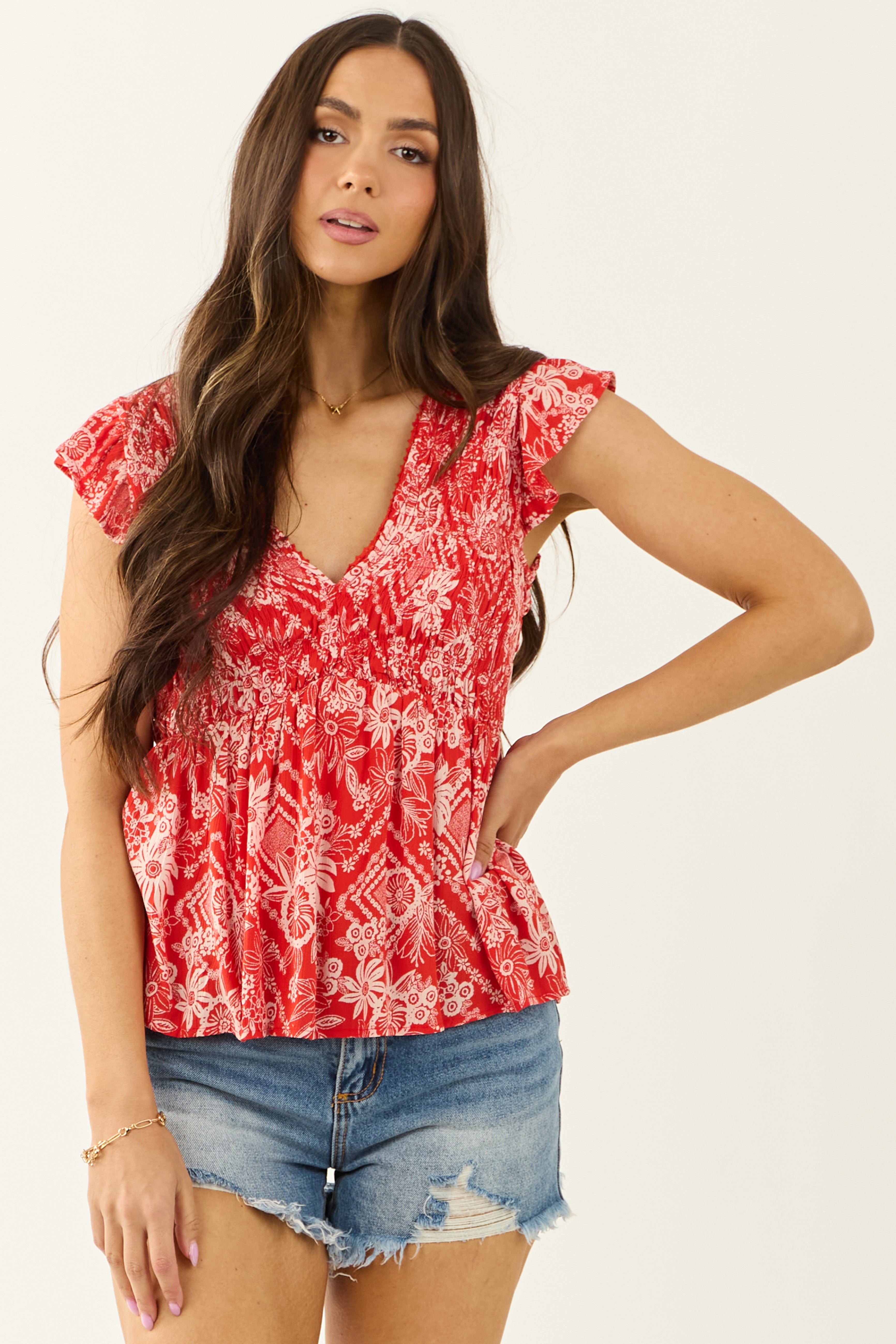 Lipstick Floral Print Smocked Short Sleeve Top