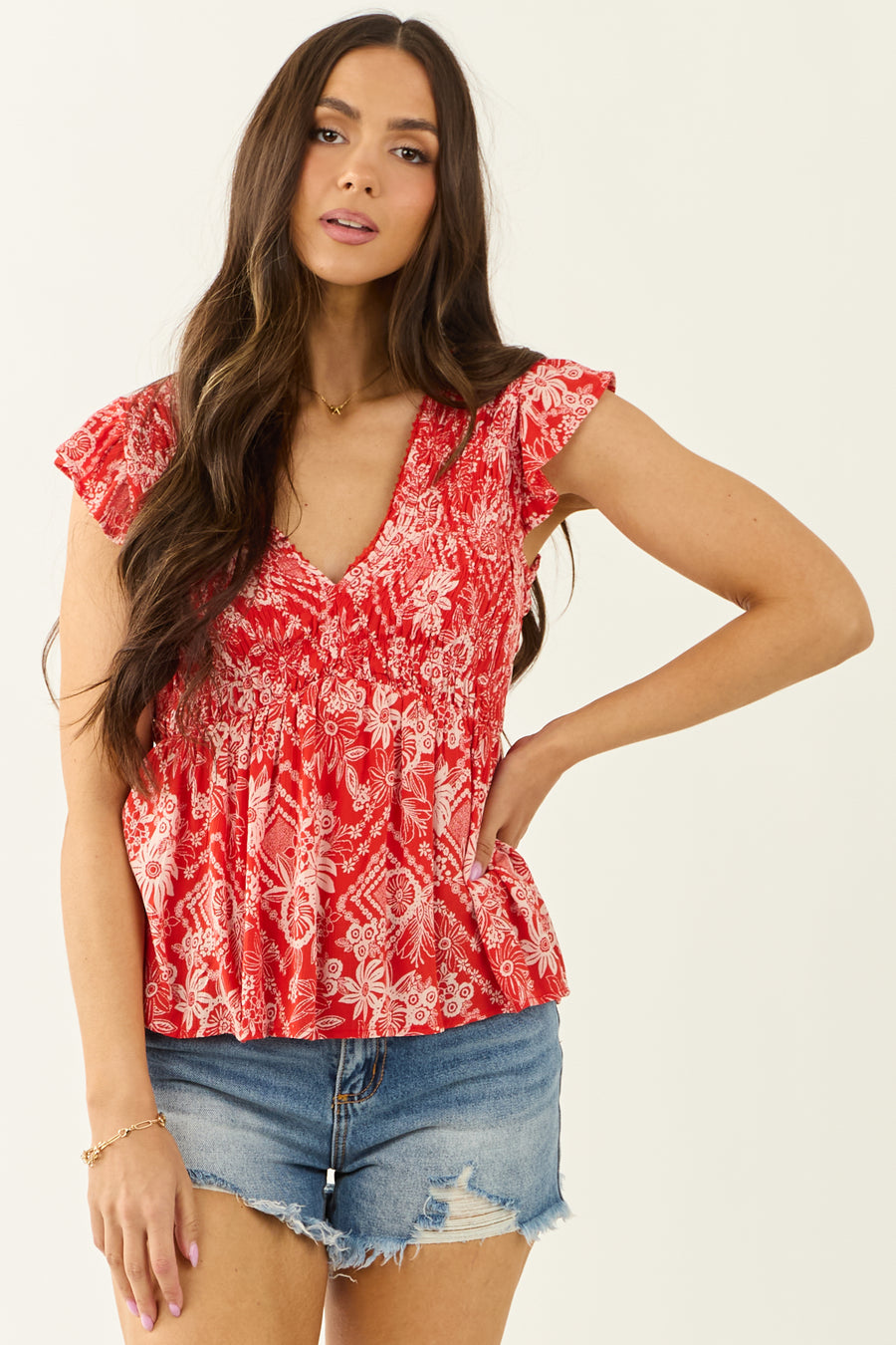 Lipstick Floral Print Smocked Short Sleeve Top