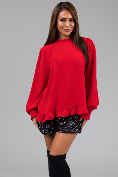 Lipstick Frill Collar Peasant Sleeve Top