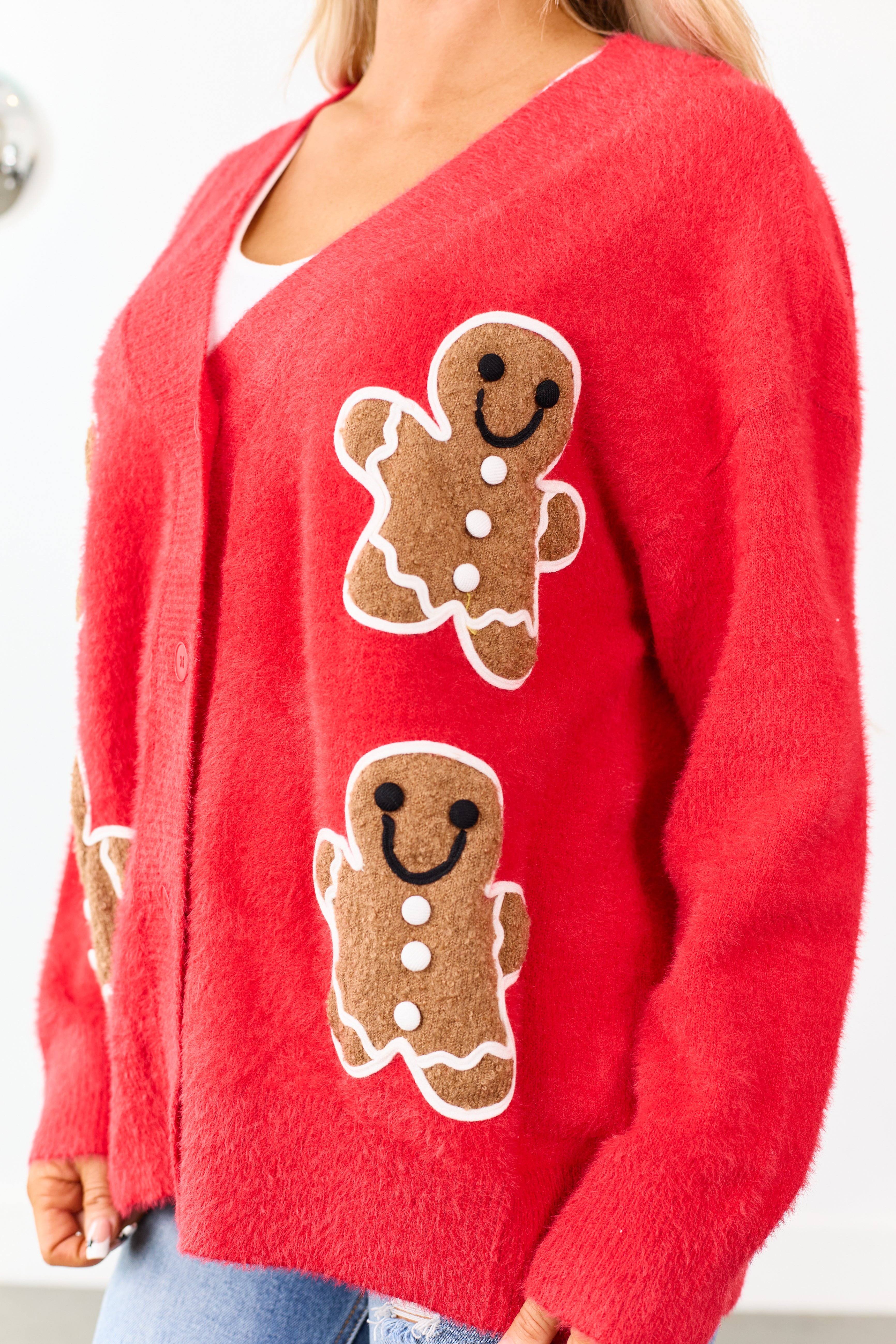 Lipstick Gingerbread Graphic Eyelash Knit Cardigan