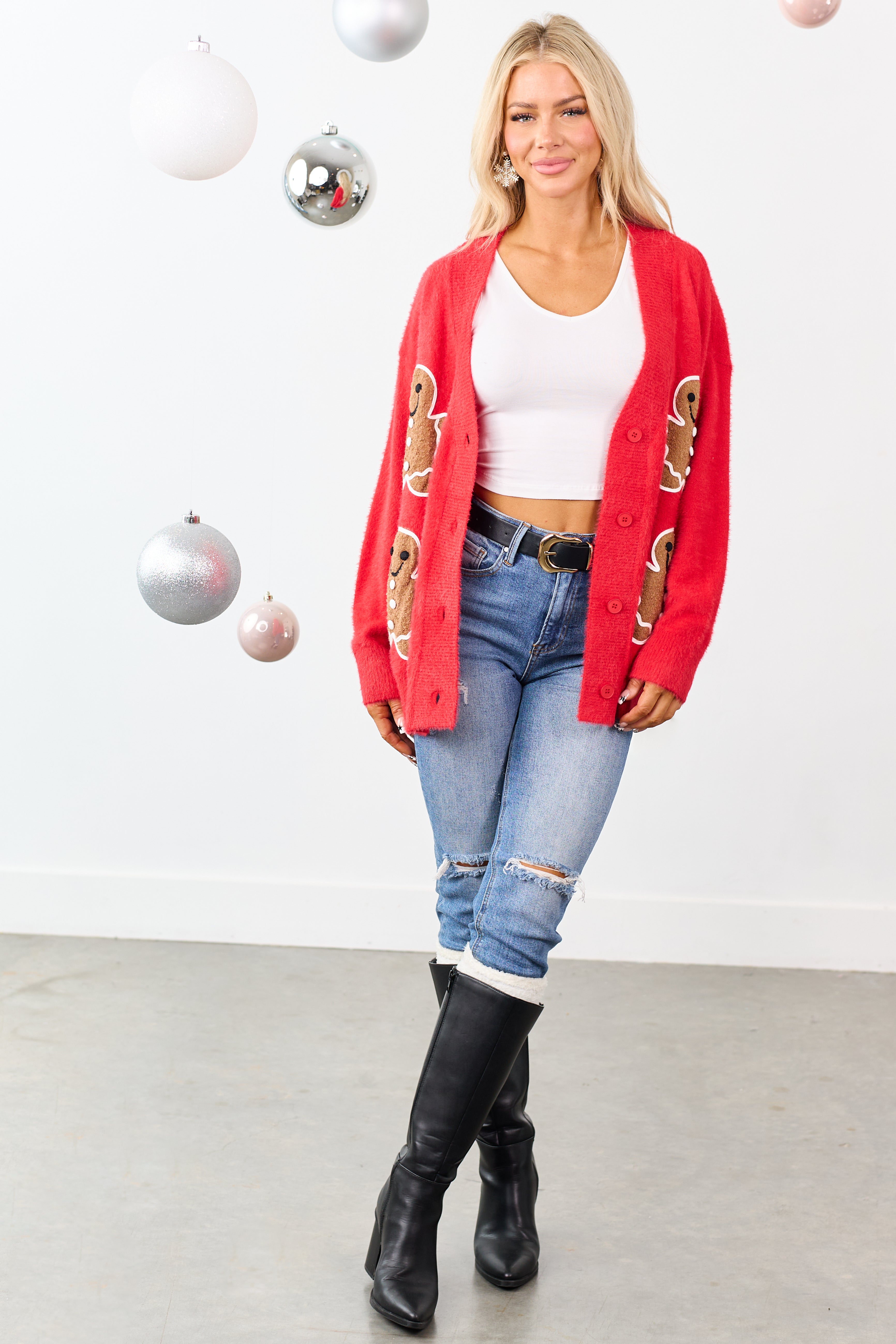 Lipstick Gingerbread Graphic Eyelash Knit Cardigan