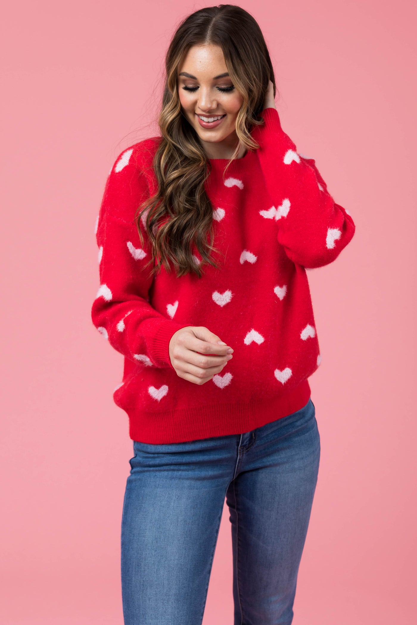Lipstick Heart Print Soft Knit Sweater