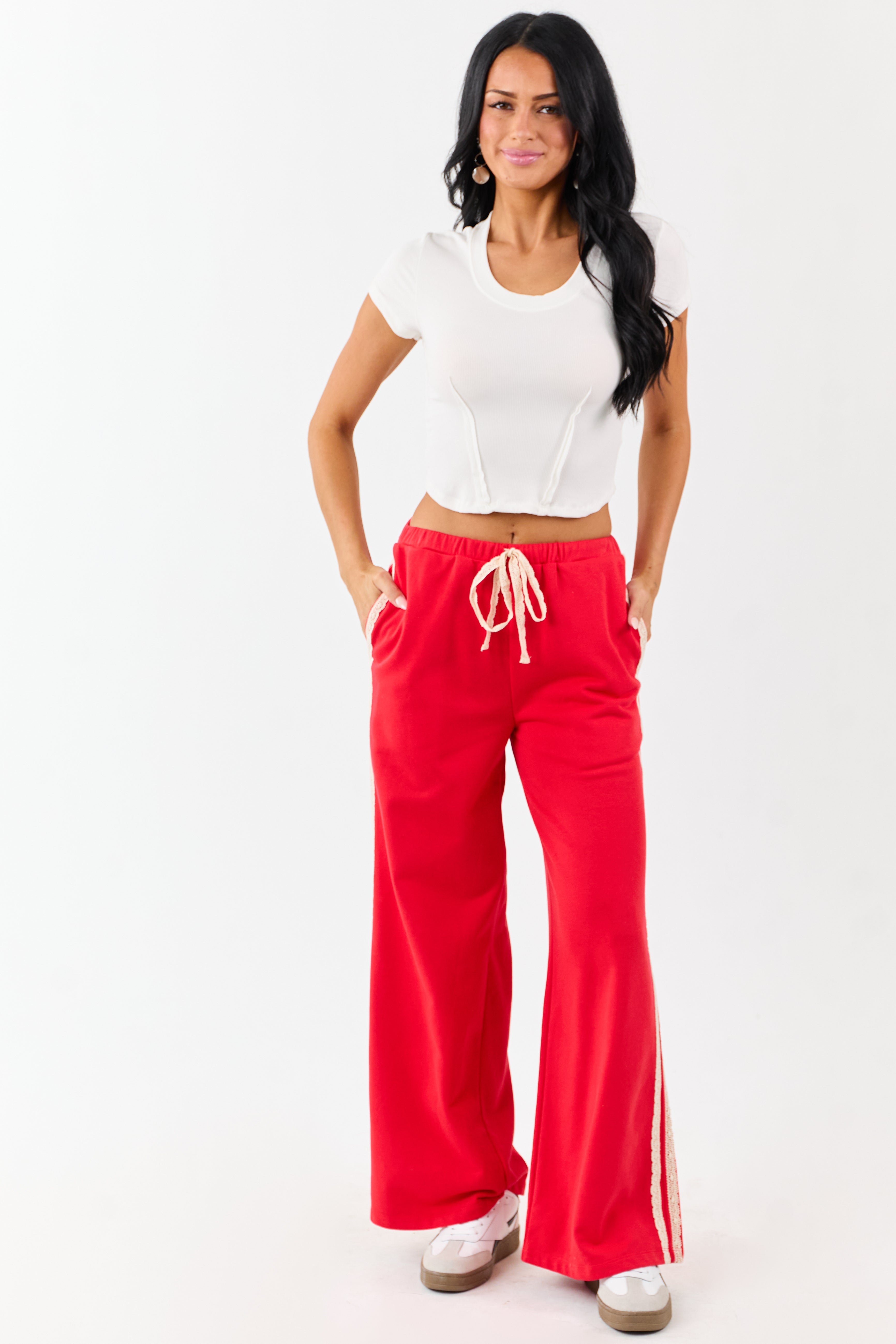 Lipstick Lace Striped Wide Leg Drawstring Pants | Lime Lush Boutique