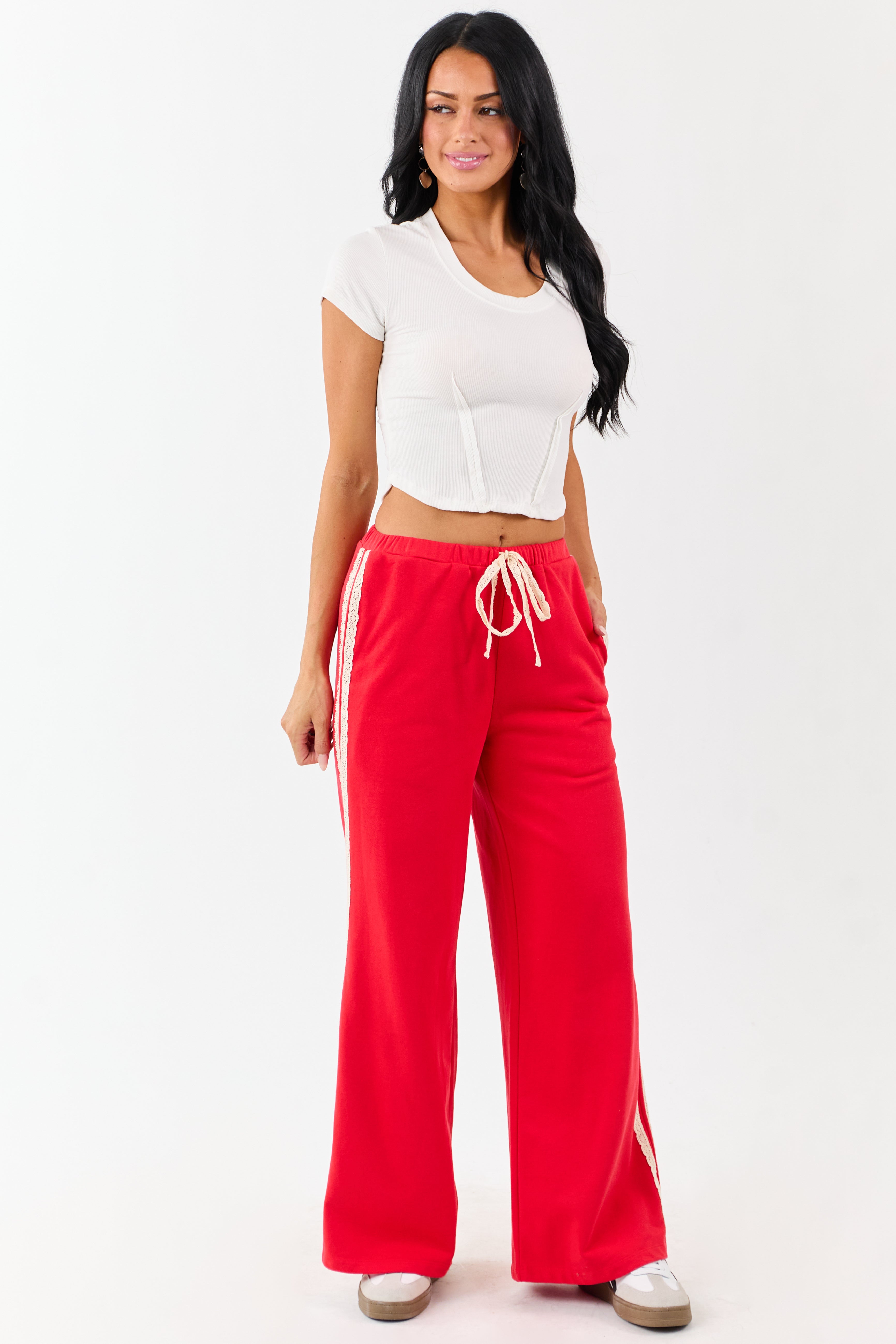 Lipstick Lace Striped Wide Leg Drawstring Pants | Lime Lush Boutique