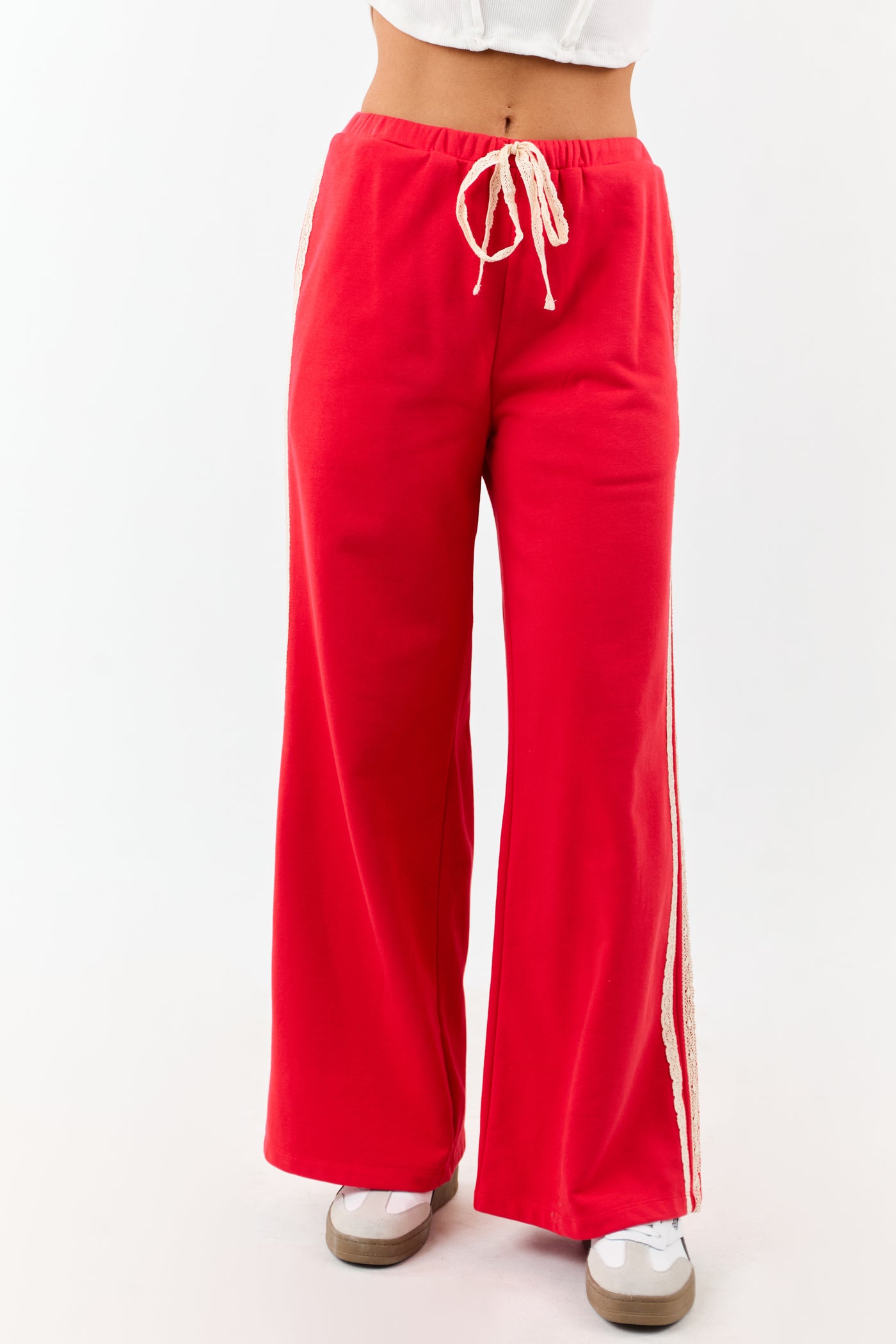 Lipstick Lace Striped Wide Leg Drawstring Pants