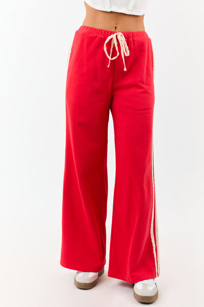 Lipstick Lace Striped Wide Leg Drawstring Pants