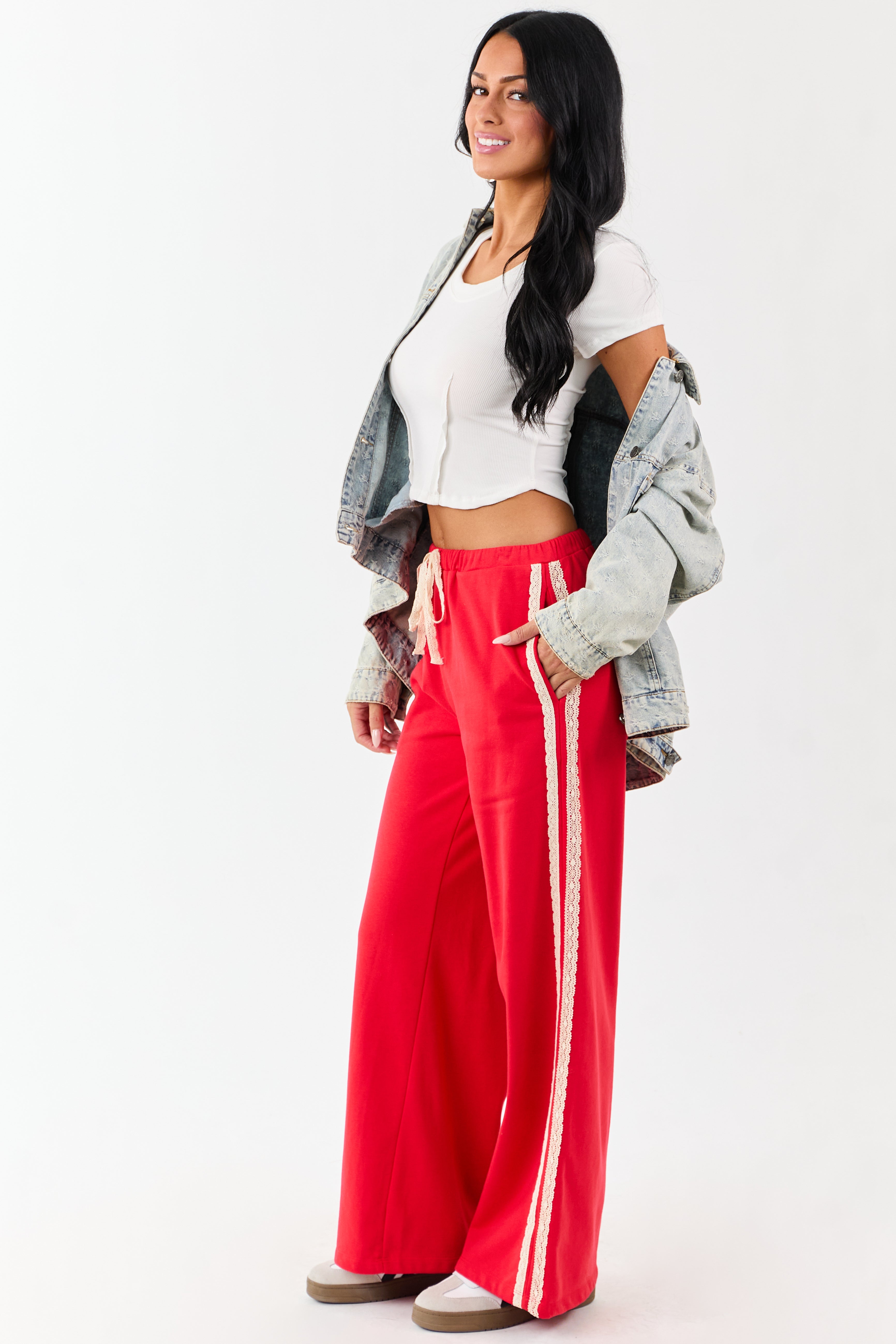 Lipstick Lace Striped Wide Leg Drawstring Pants