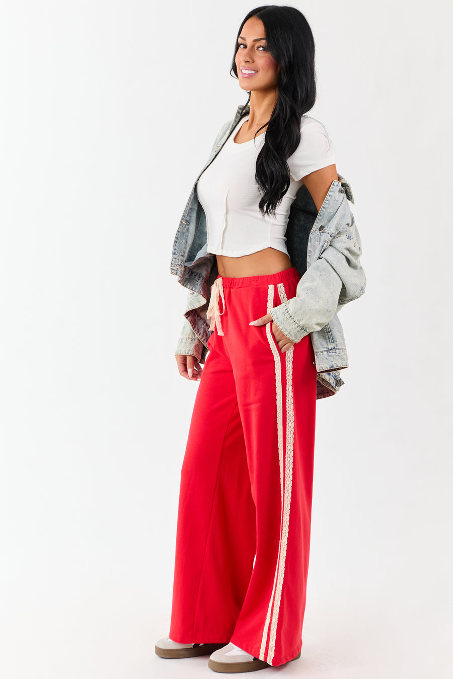 Lipstick Lace Striped Wide Leg Drawstring Pants