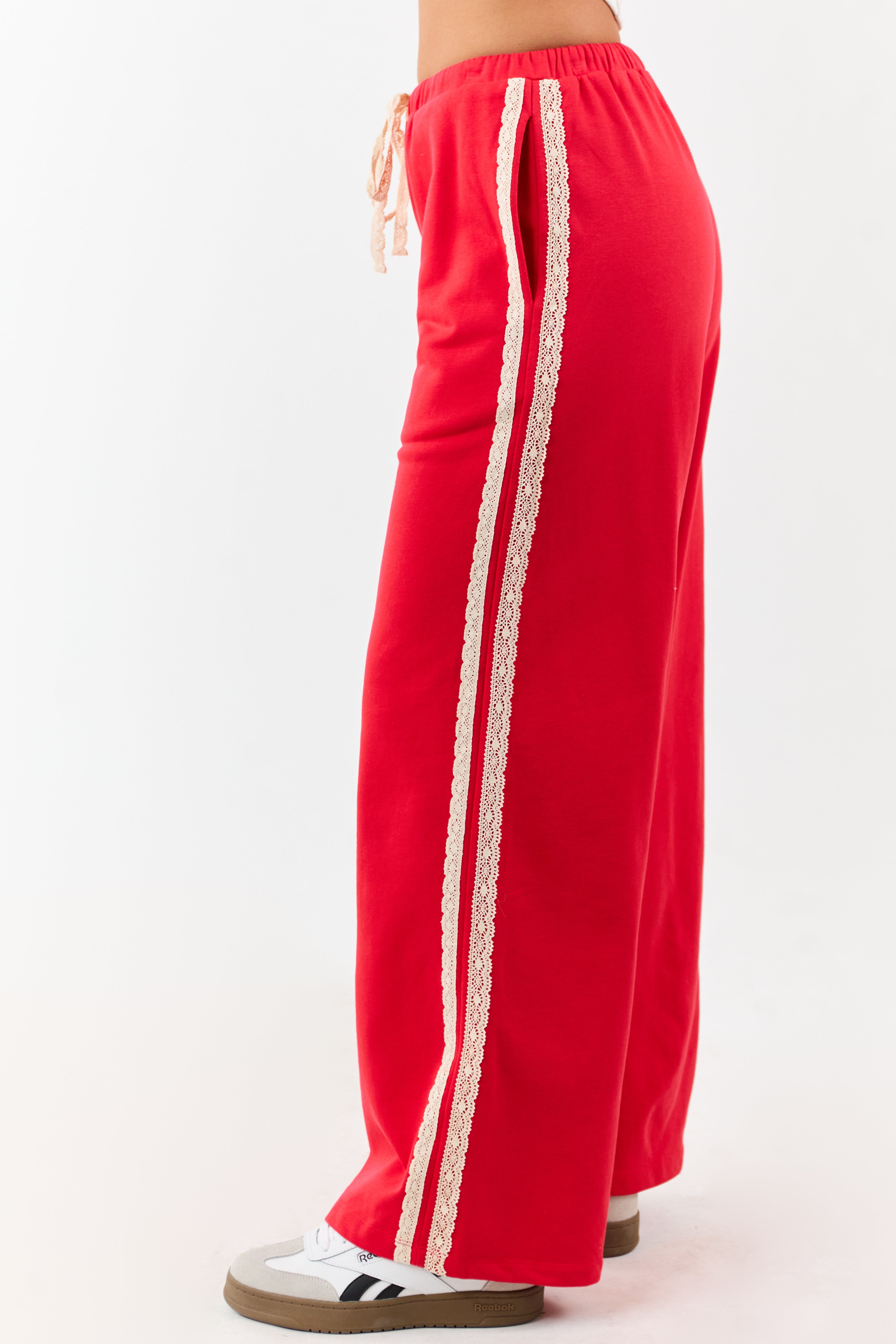 Lipstick Lace Striped Wide Leg Drawstring Pants | Lime Lush Boutique