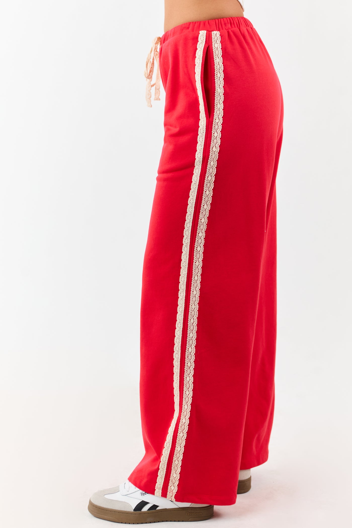 Lipstick Lace Striped Wide Leg Drawstring Pants