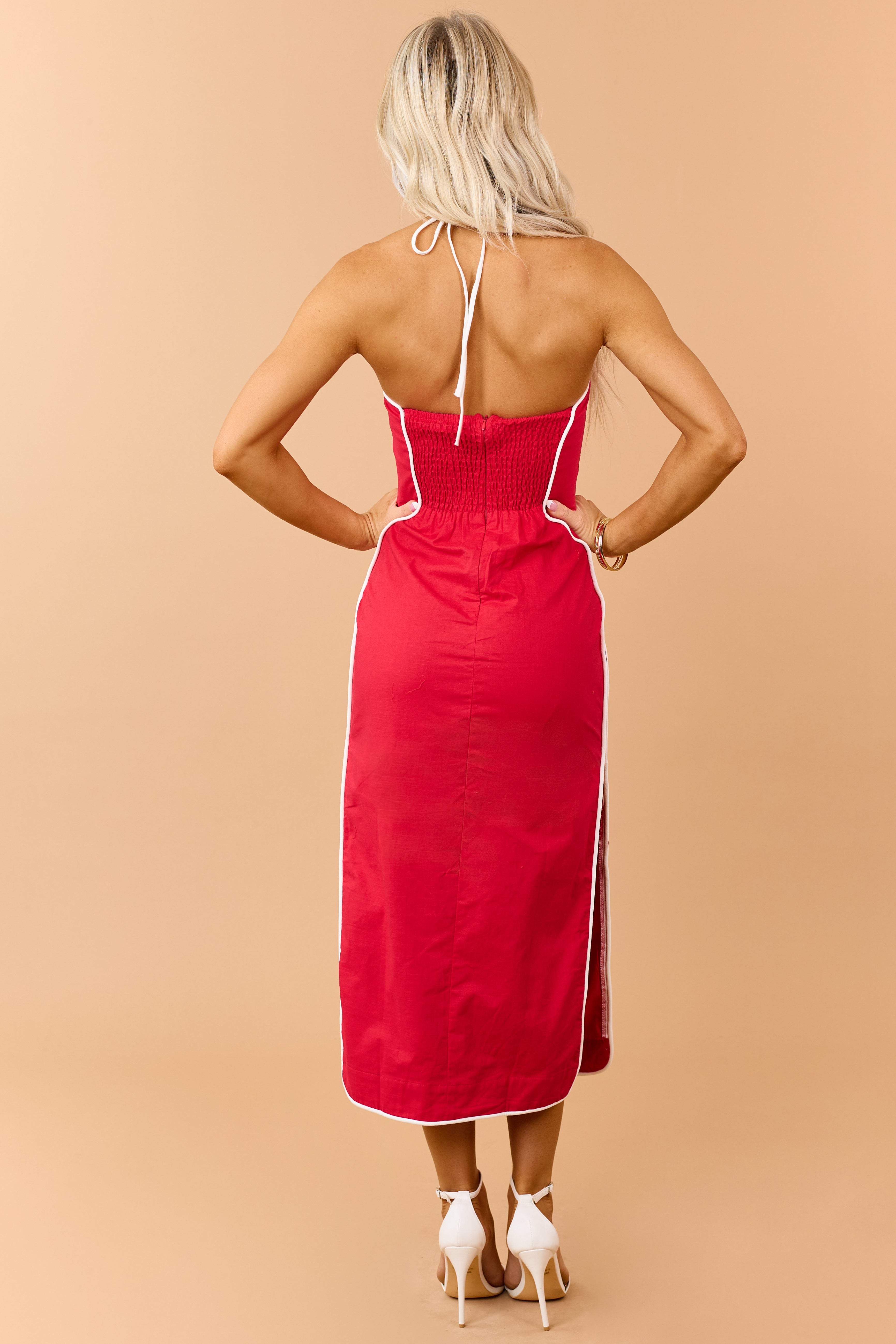 Lipstick Linen Blend Contrast Trim Midi Dress