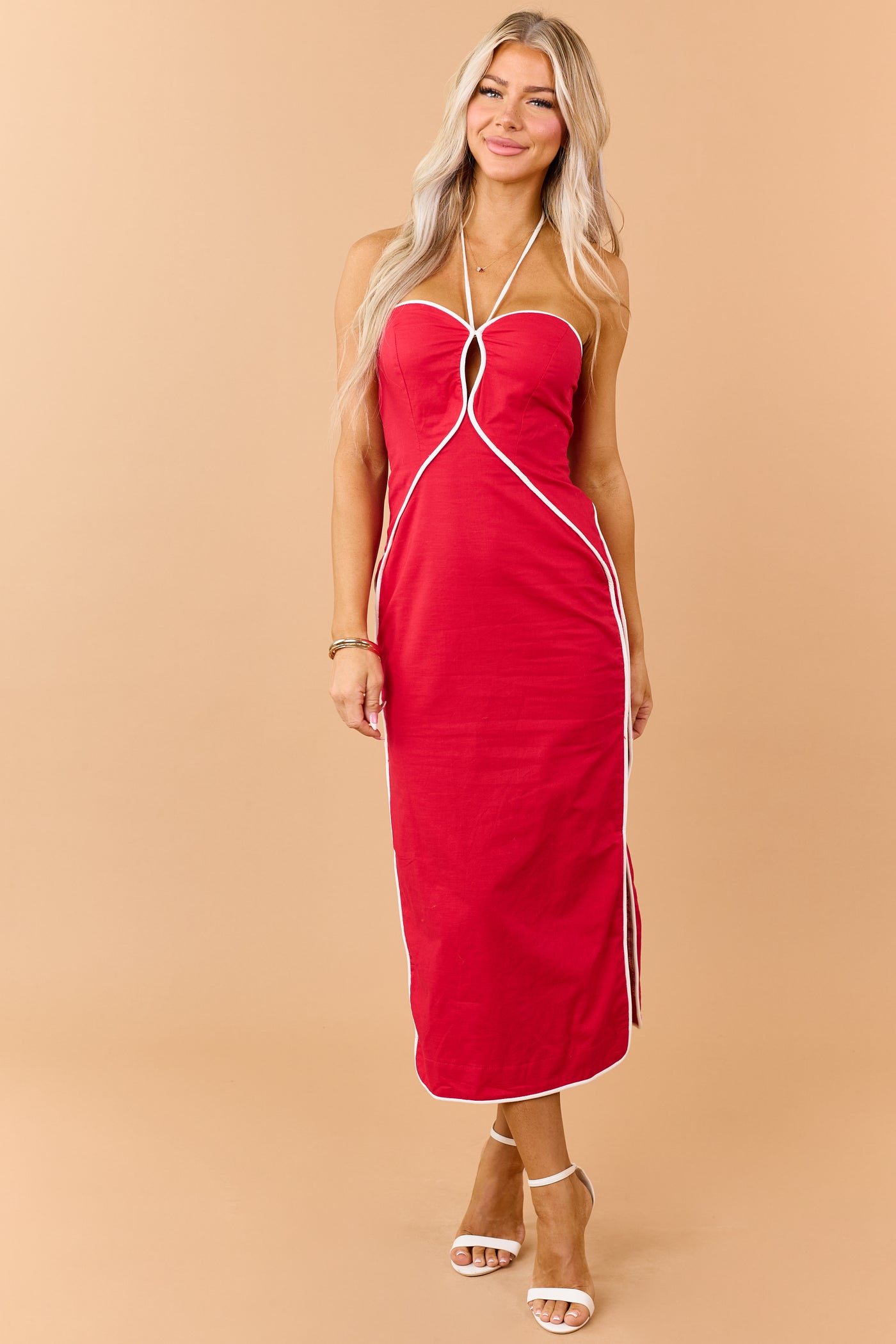 Lipstick Linen Blend Contrast Trim Midi Dress