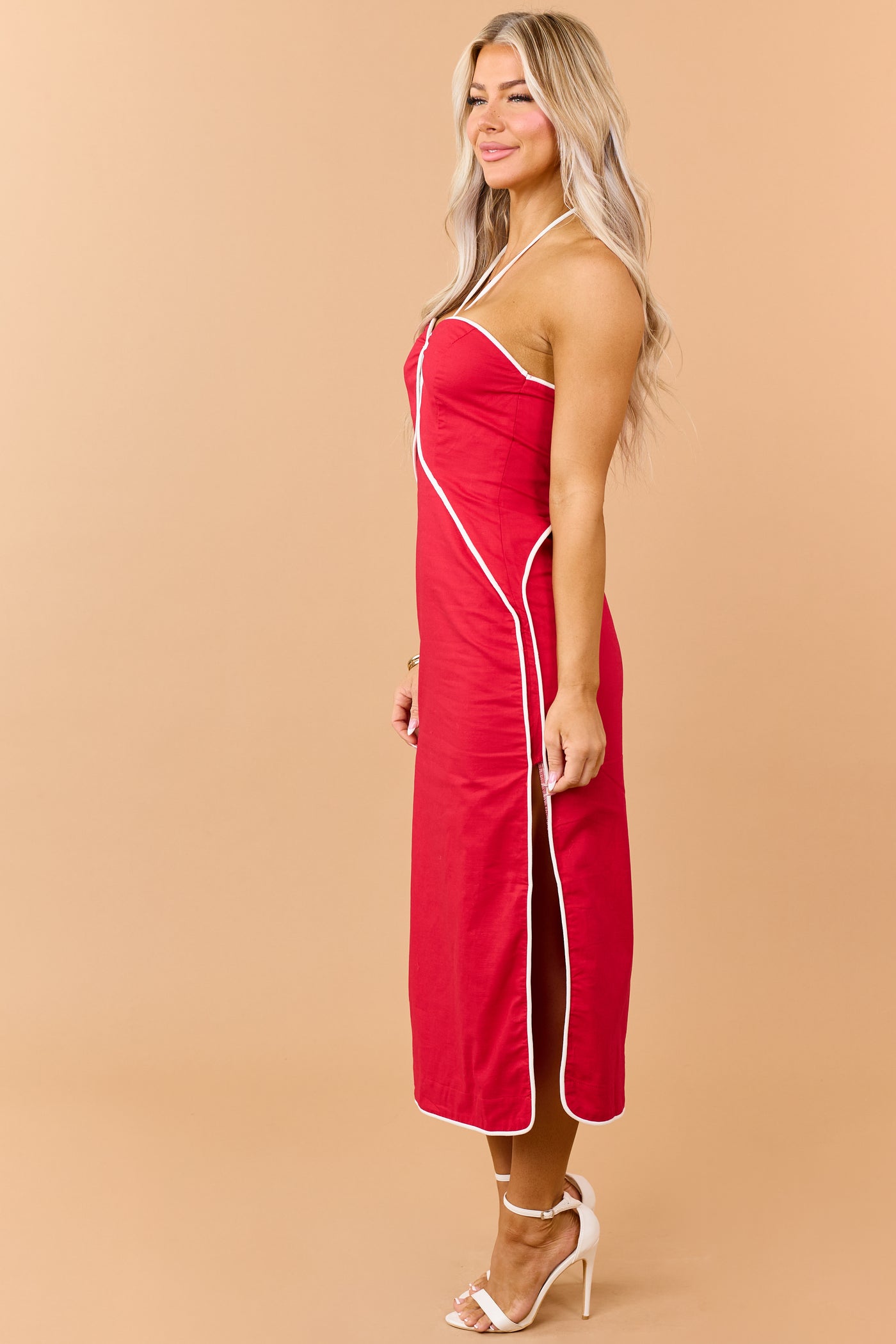Lipstick Linen Blend Contrast Trim Midi Dress