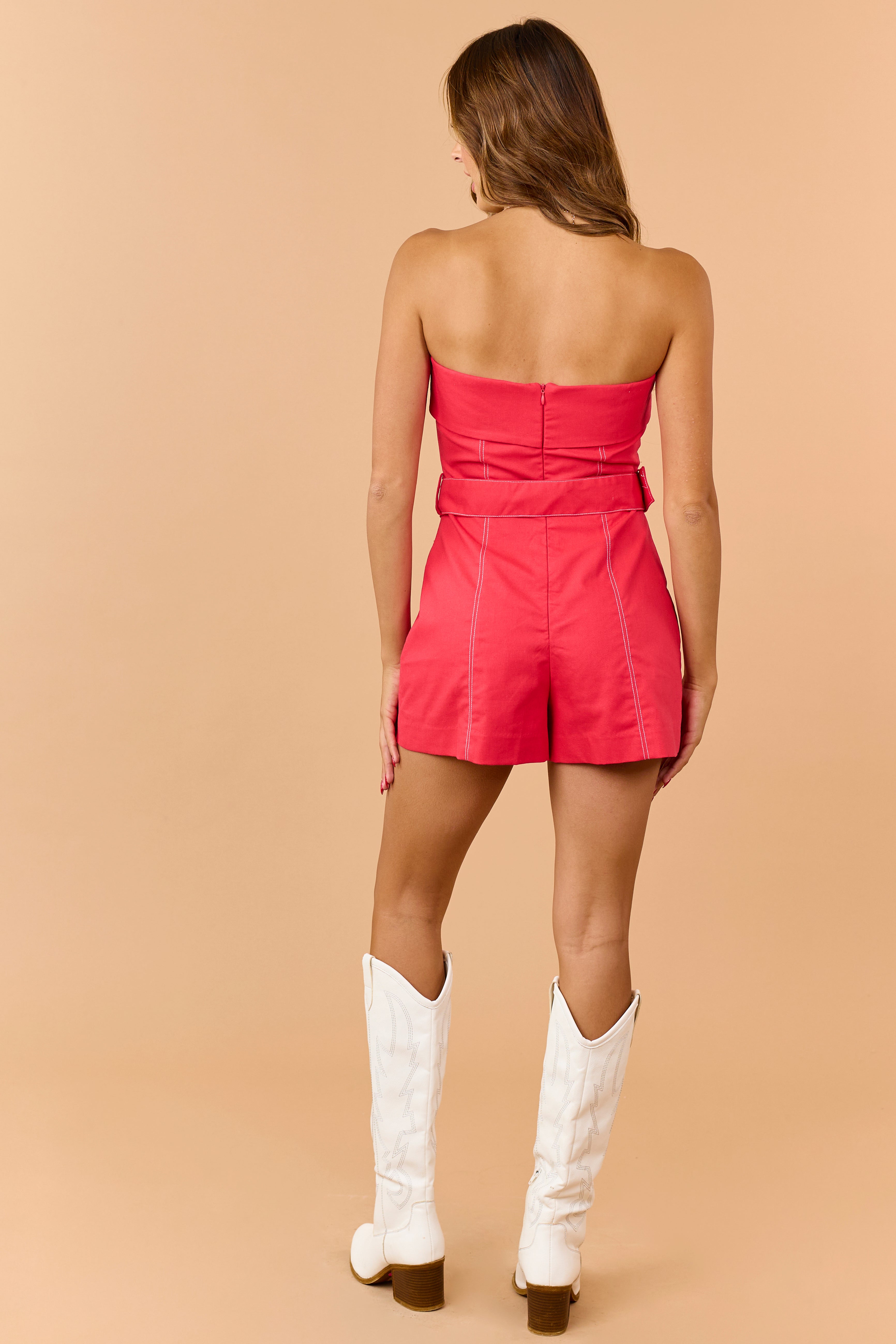Lipstick Linen Blend Folded Neckline Belted Romper