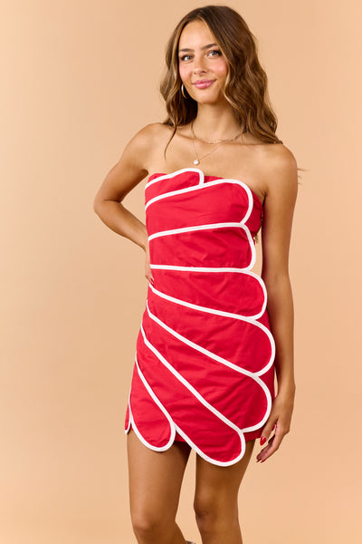 Lipstick Linen Blend Scallop Panel Overlay Mini Dress