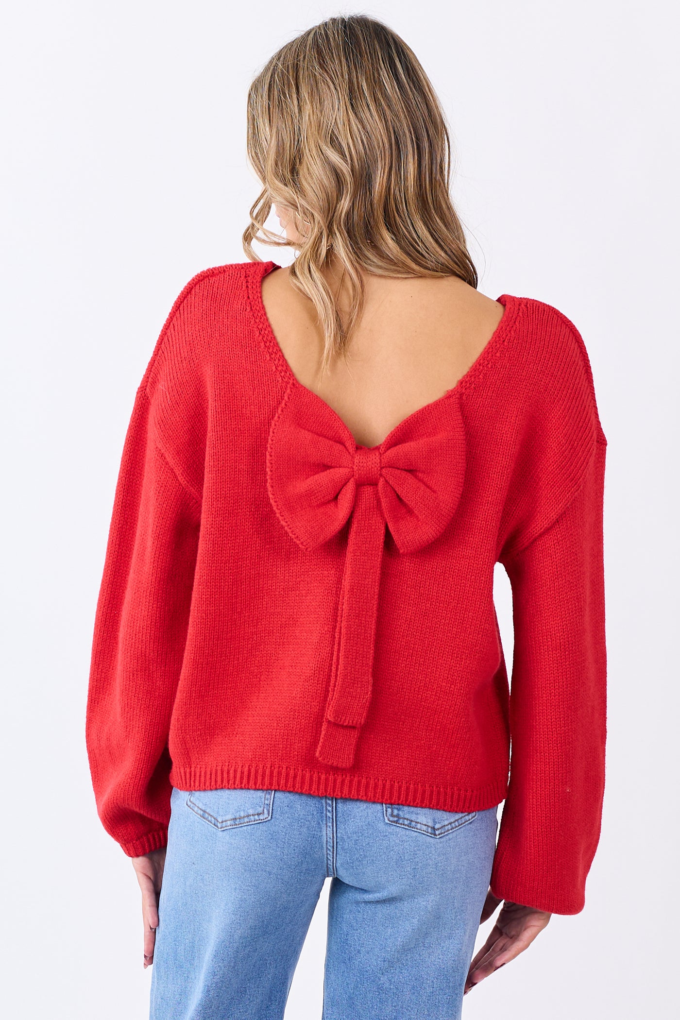 Lipstick Low Bow Back Bubble Sleeve Knit Sweater