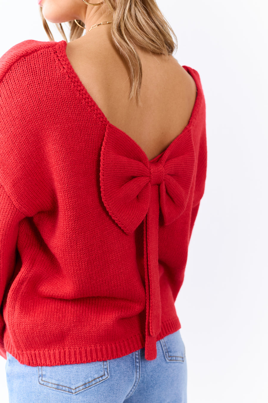 Lipstick Low Bow Back Bubble Sleeve Knit Sweater