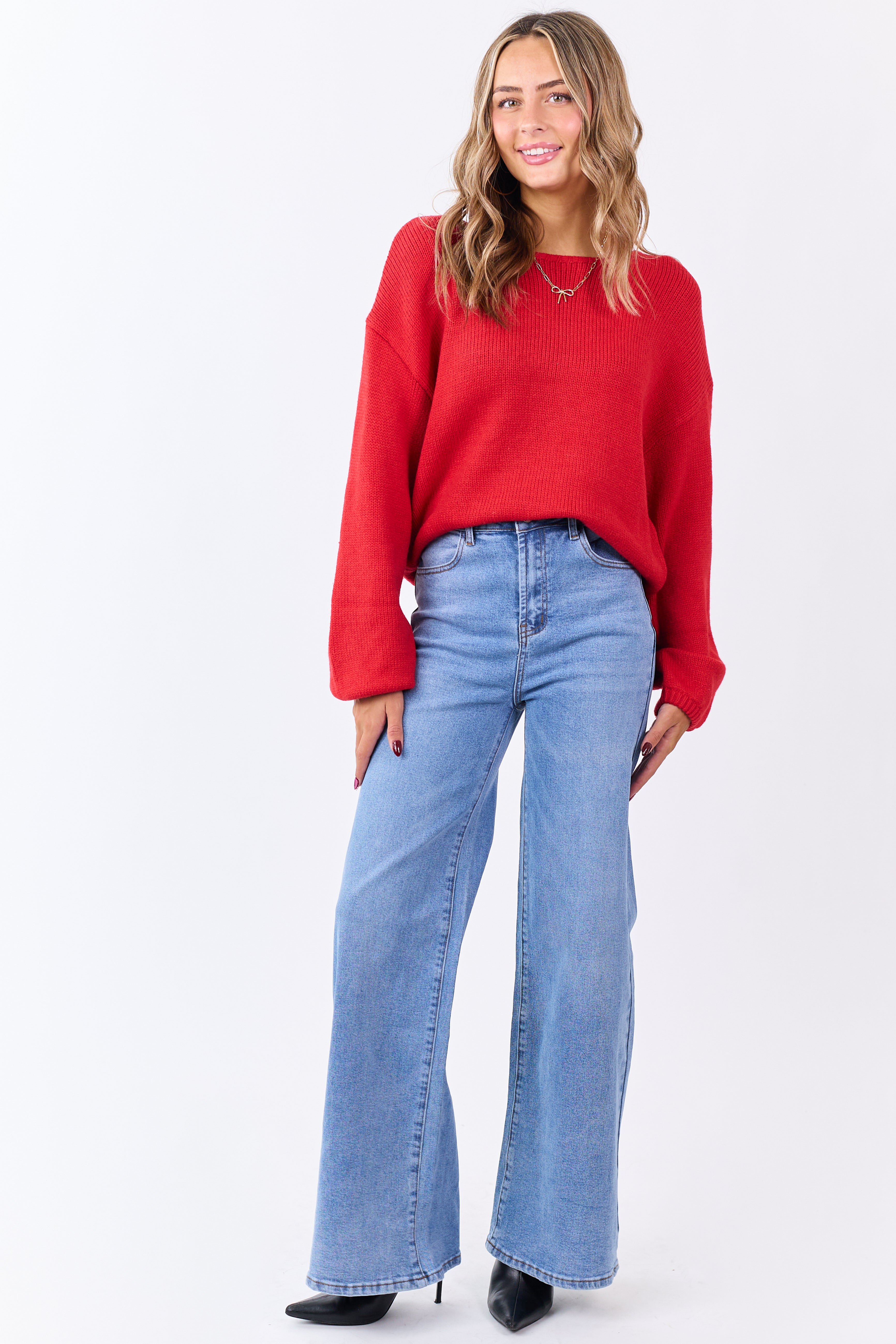 Lipstick Low Bow Back Bubble Sleeve Knit Sweater