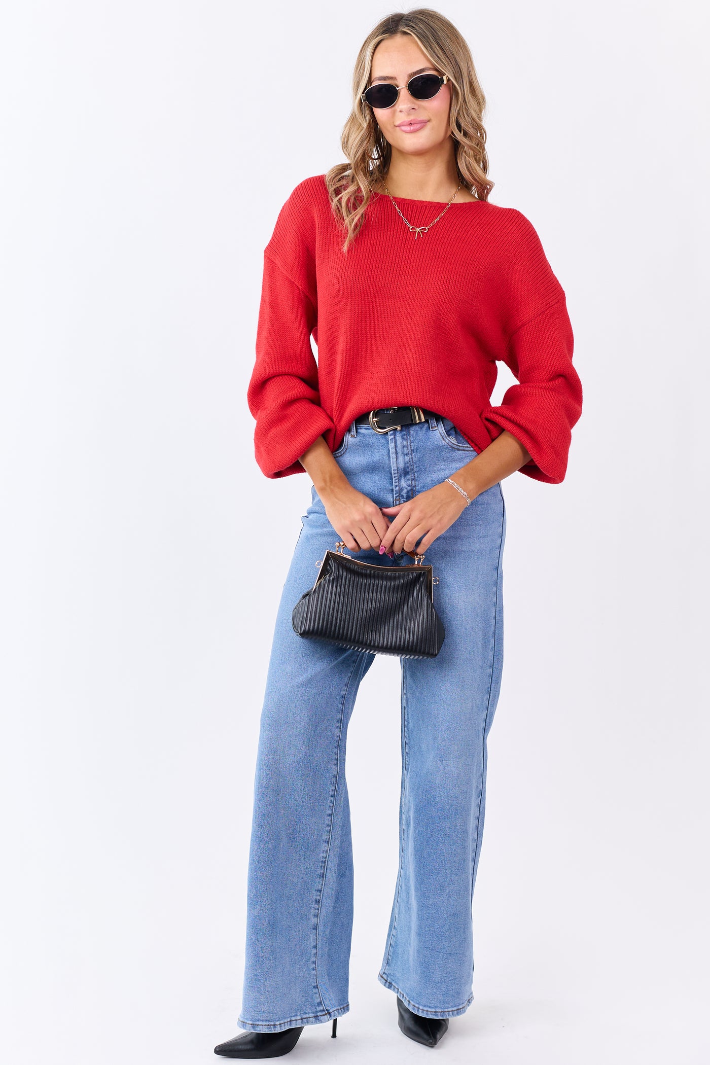 Lipstick Low Bow Back Bubble Sleeve Knit Sweater