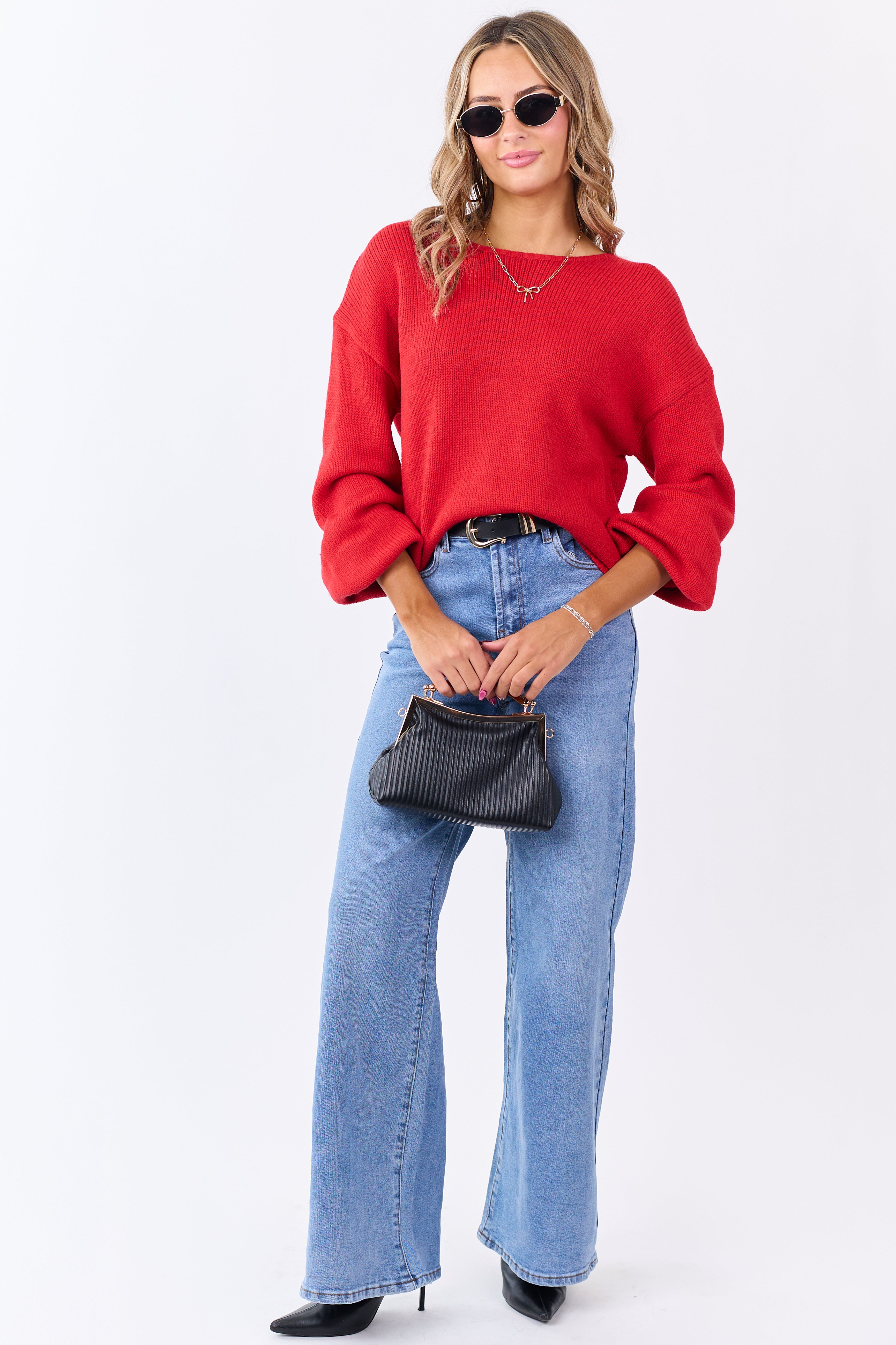 Lipstick Low Bow Back Bubble Sleeve Knit Sweater