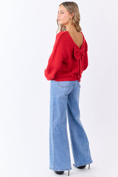 Lipstick Low Bow Back Bubble Sleeve Knit Sweater