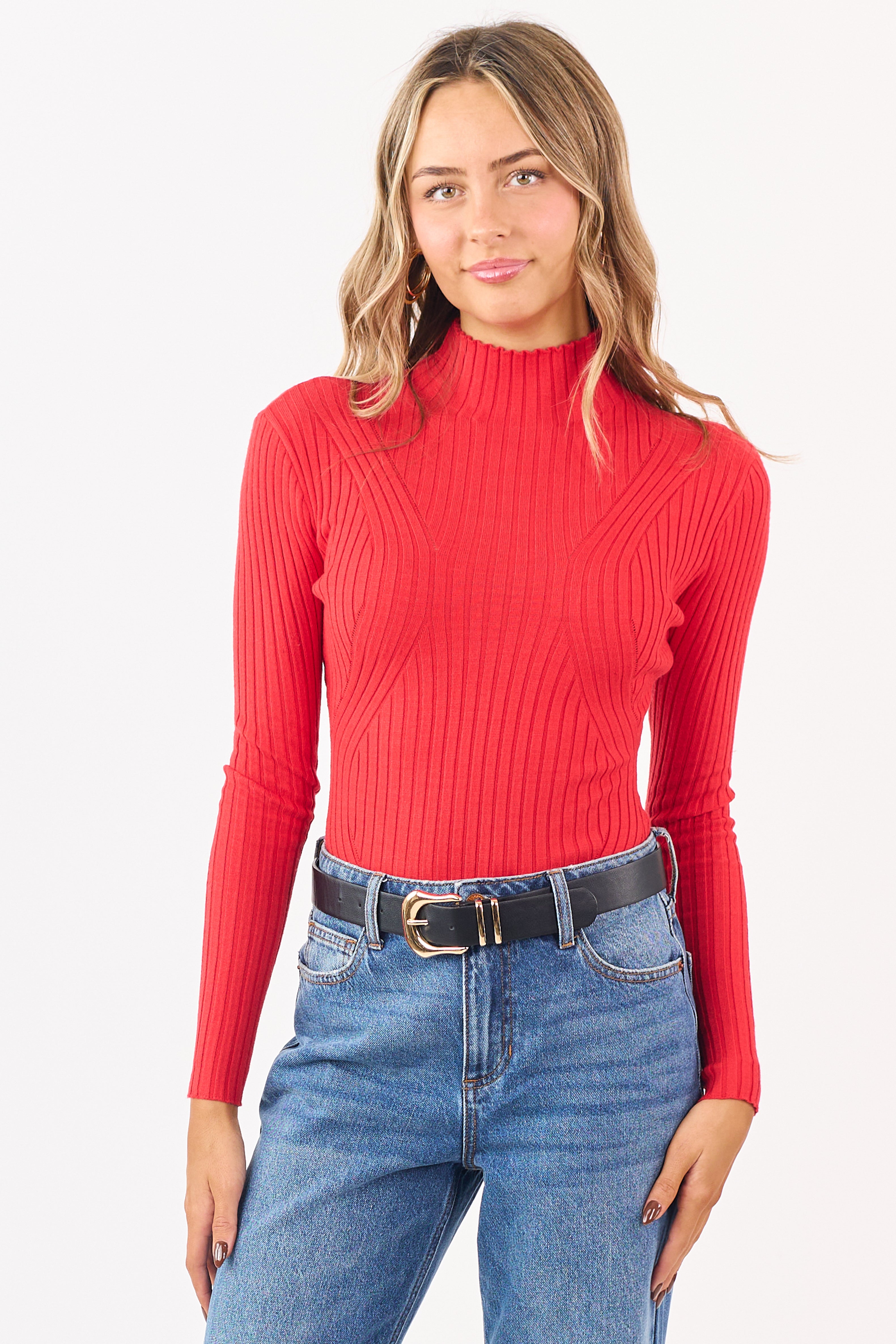 Lipstick Mock Neck Long Sleeve Rib Knit Bodysuit