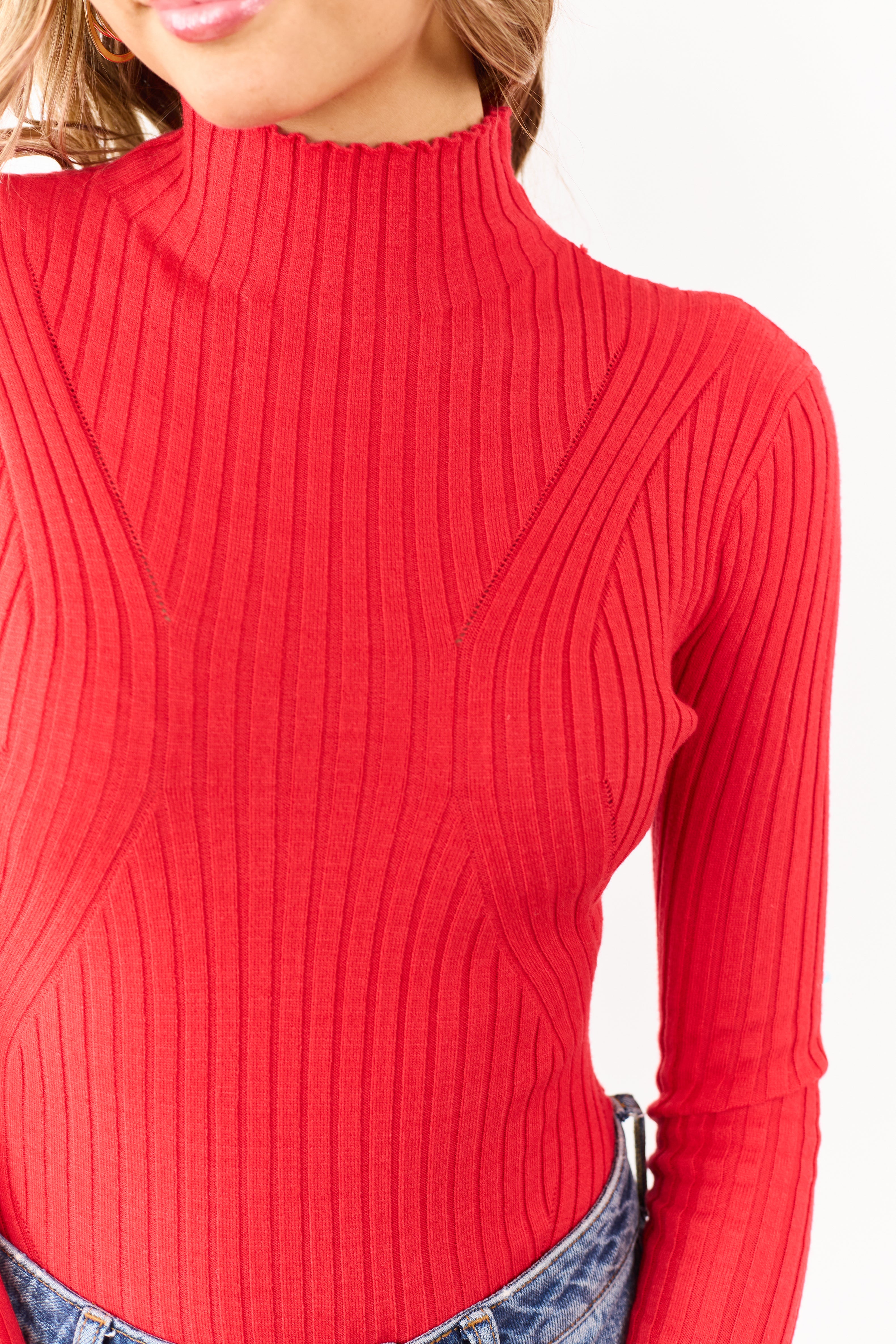 Lipstick Mock Neck Long Sleeve Rib Knit Bodysuit