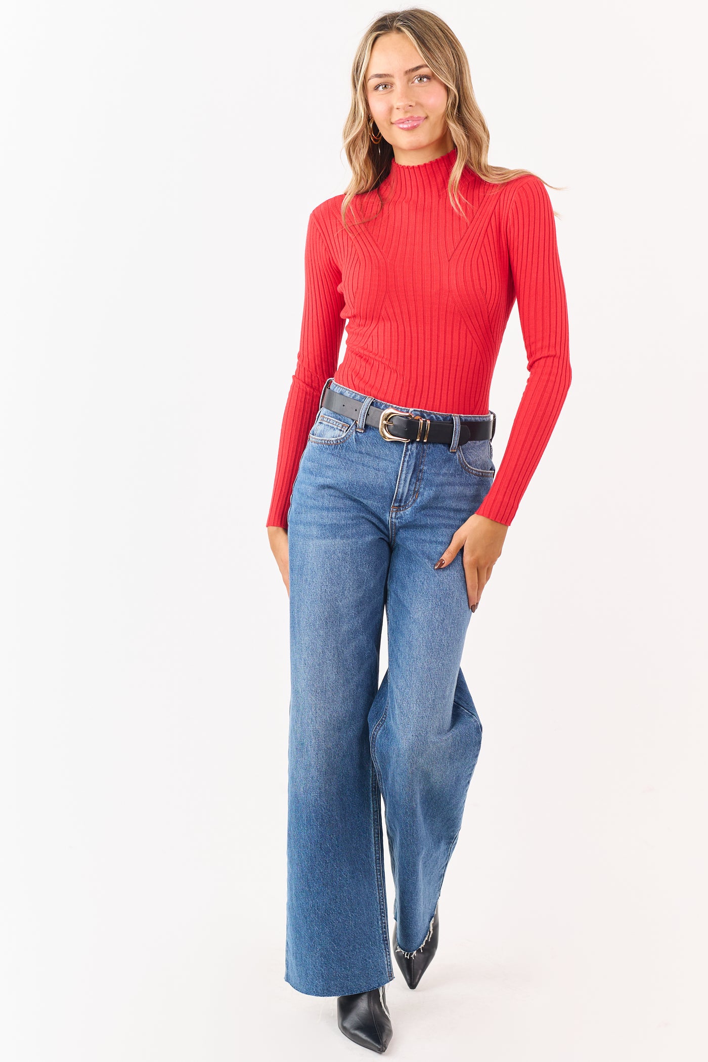 Lipstick Mock Neck Long Sleeve Rib Knit Bodysuit