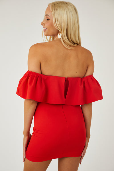 Lipstick Off Shoulder Ruffle Mini Dress