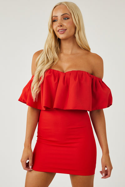 Lipstick Off Shoulder Ruffle Mini Dress