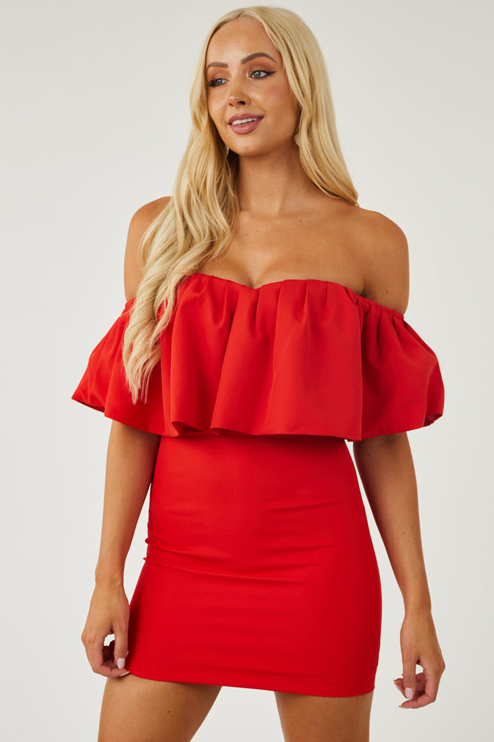 Lipstick Off Shoulder Ruffle Mini Dress