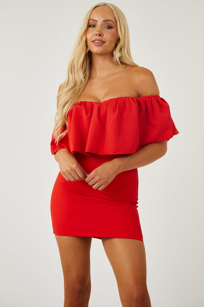 Lipstick Off Shoulder Ruffle Mini Dress