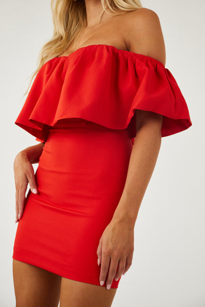 Lipstick Off Shoulder Ruffle Mini Dress