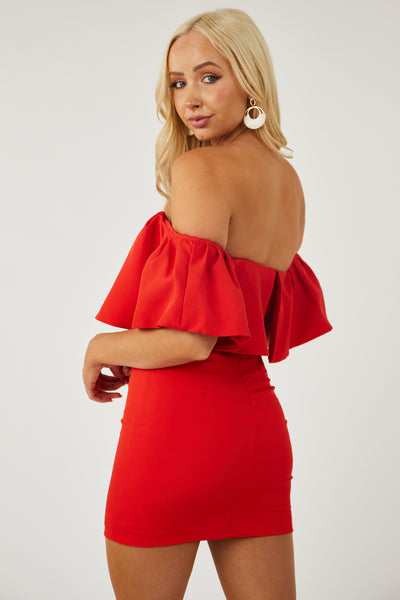 Lipstick Off Shoulder Ruffle Mini Dress