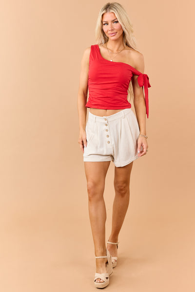 Lipstick Off Shoulder Tie Strap Ruched Side Tank Top