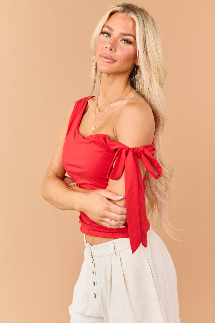 Lipstick Off Shoulder Tie Strap Ruched Side Tank Top