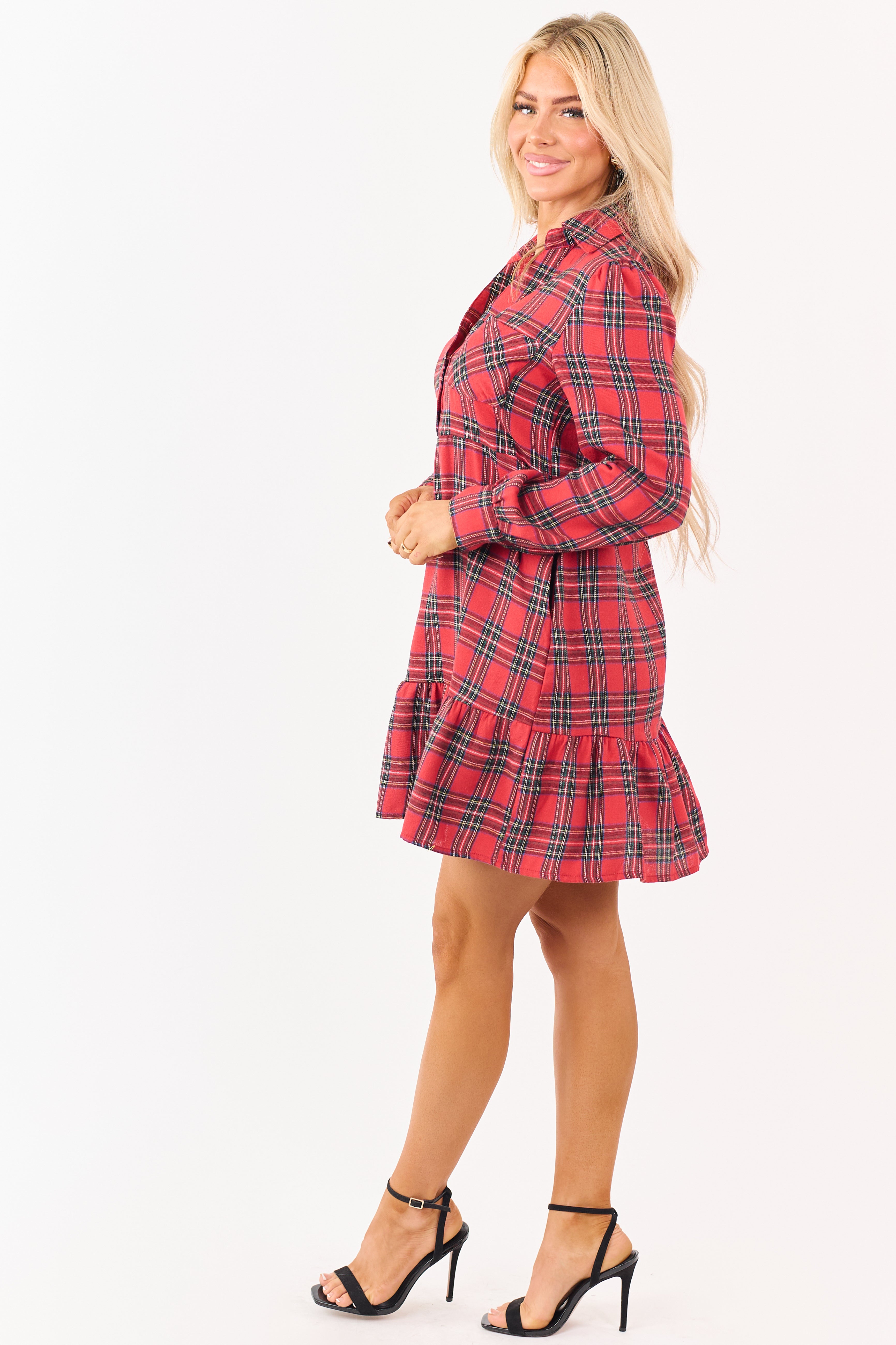 Lipstick Plaid Collared Long Sleeve Mini Dress