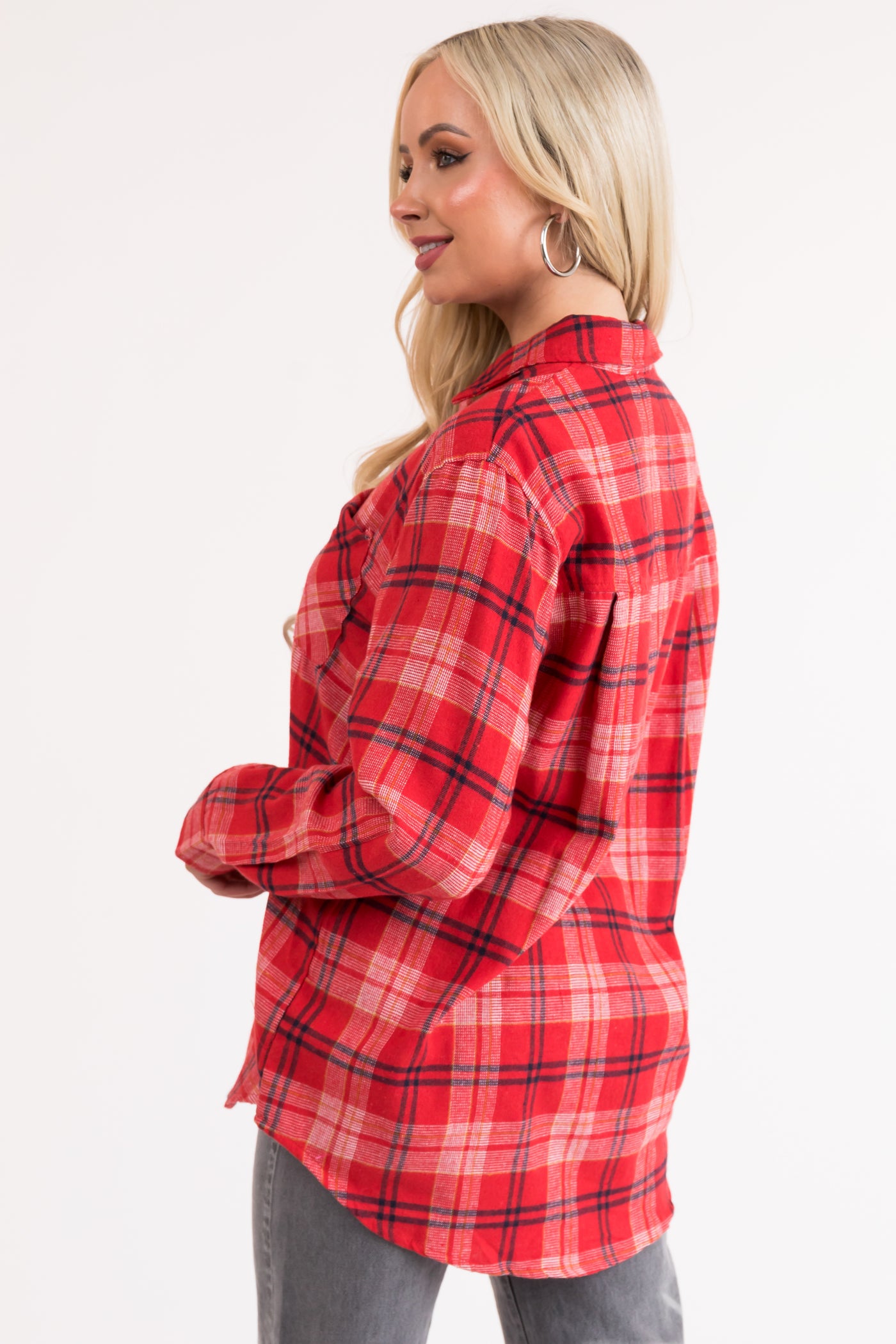 Lipstick Plaid Front Pocket Button Up Flannel