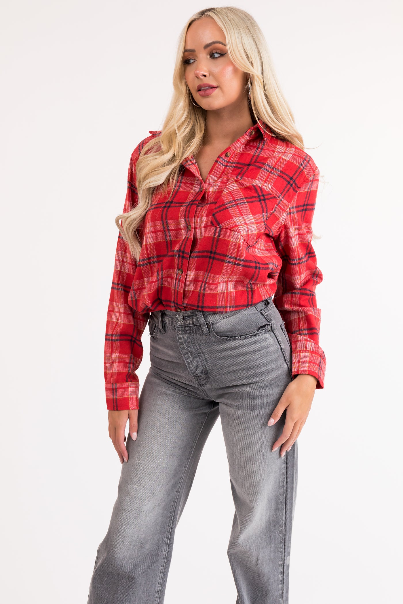 Lipstick Plaid Front Pocket Button Up Flannel