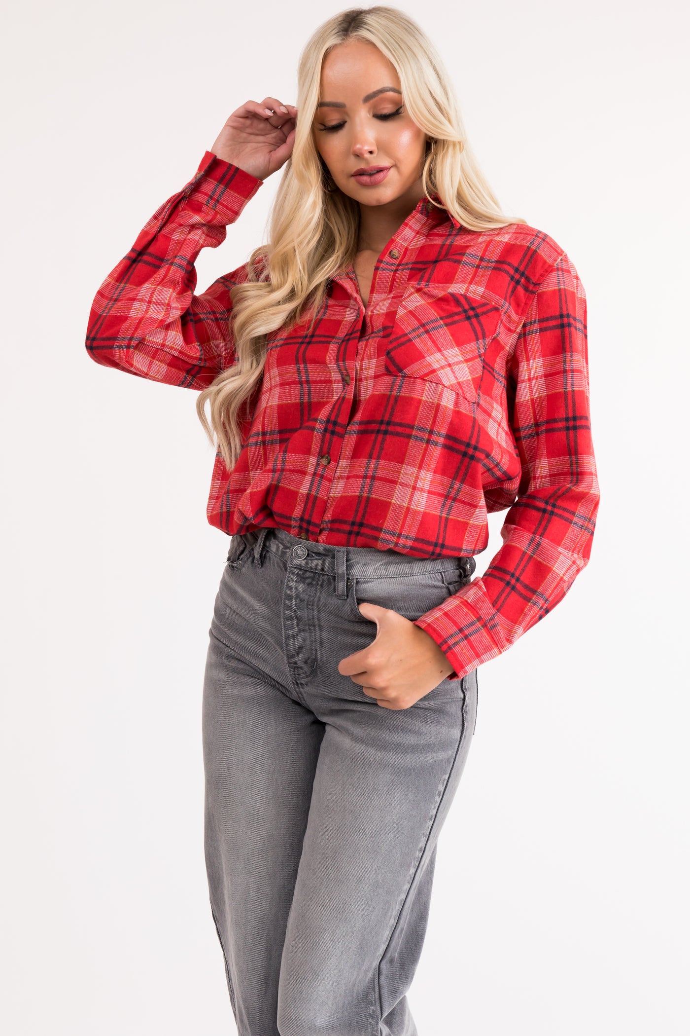 Lipstick Plaid Front Pocket Button Up Flannel