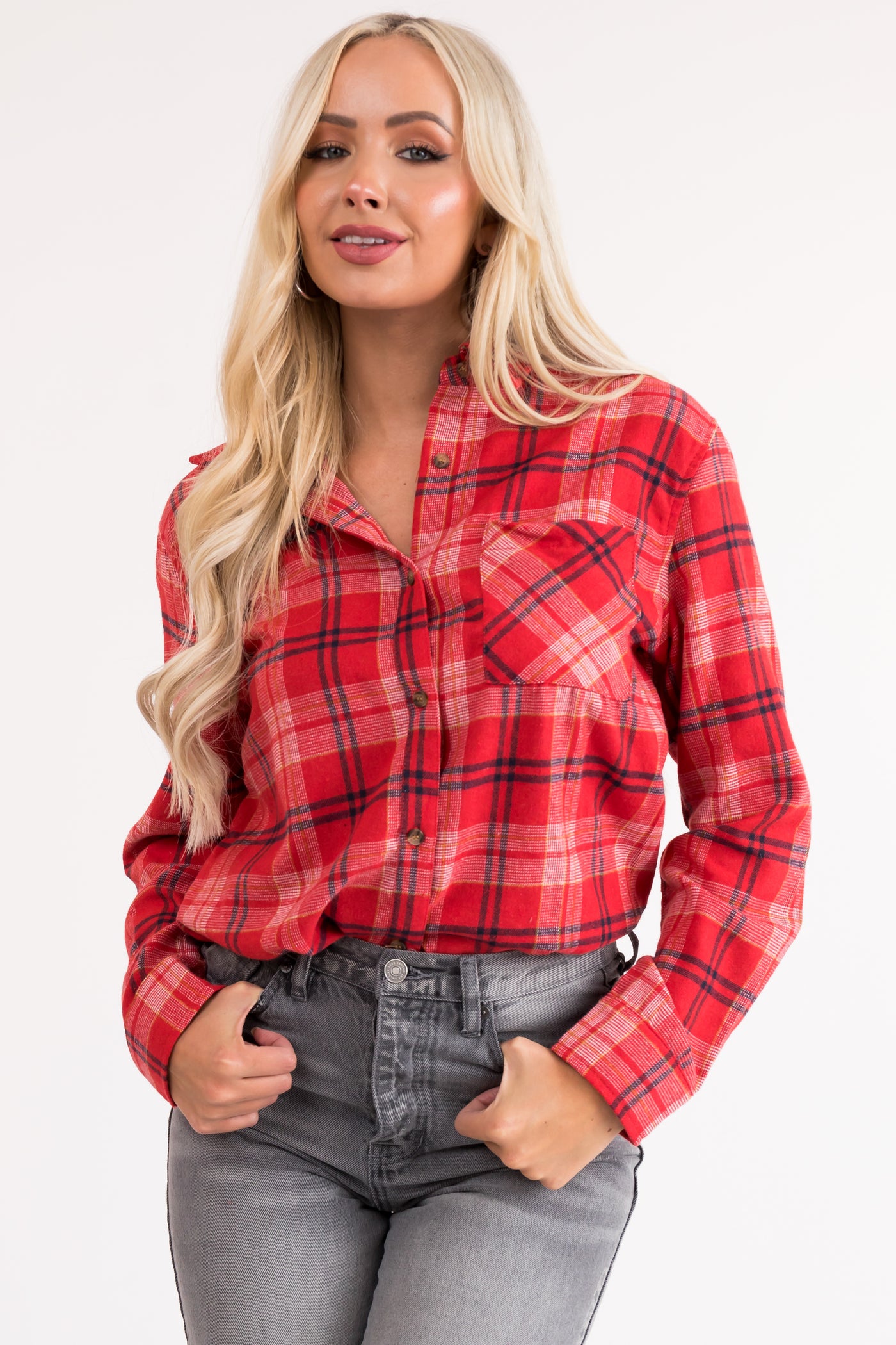 Lipstick Plaid Front Pocket Button Up Flannel