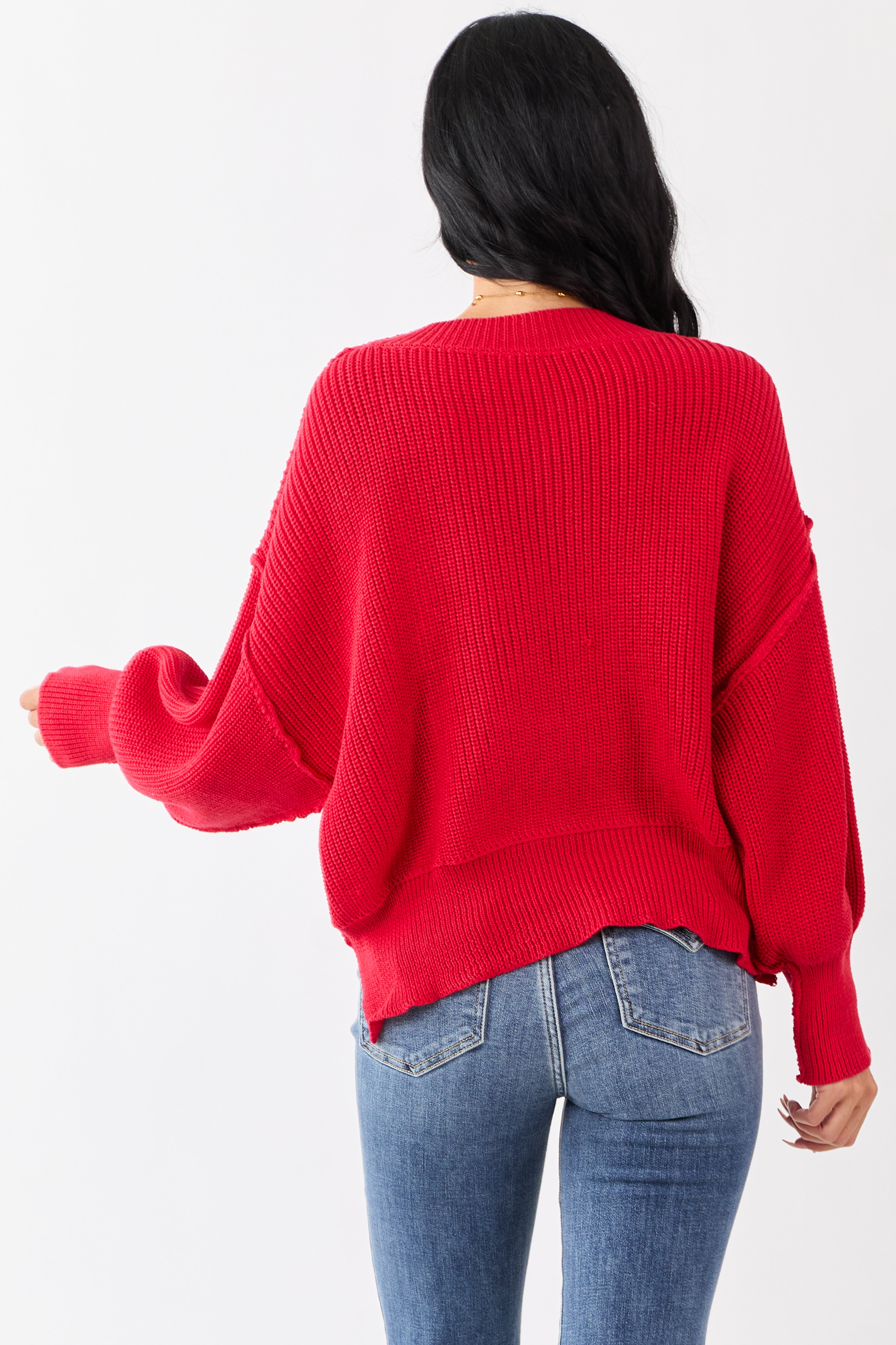 Lipstick Rib Knit High-Low Hem Balloon Sleeve Sweater